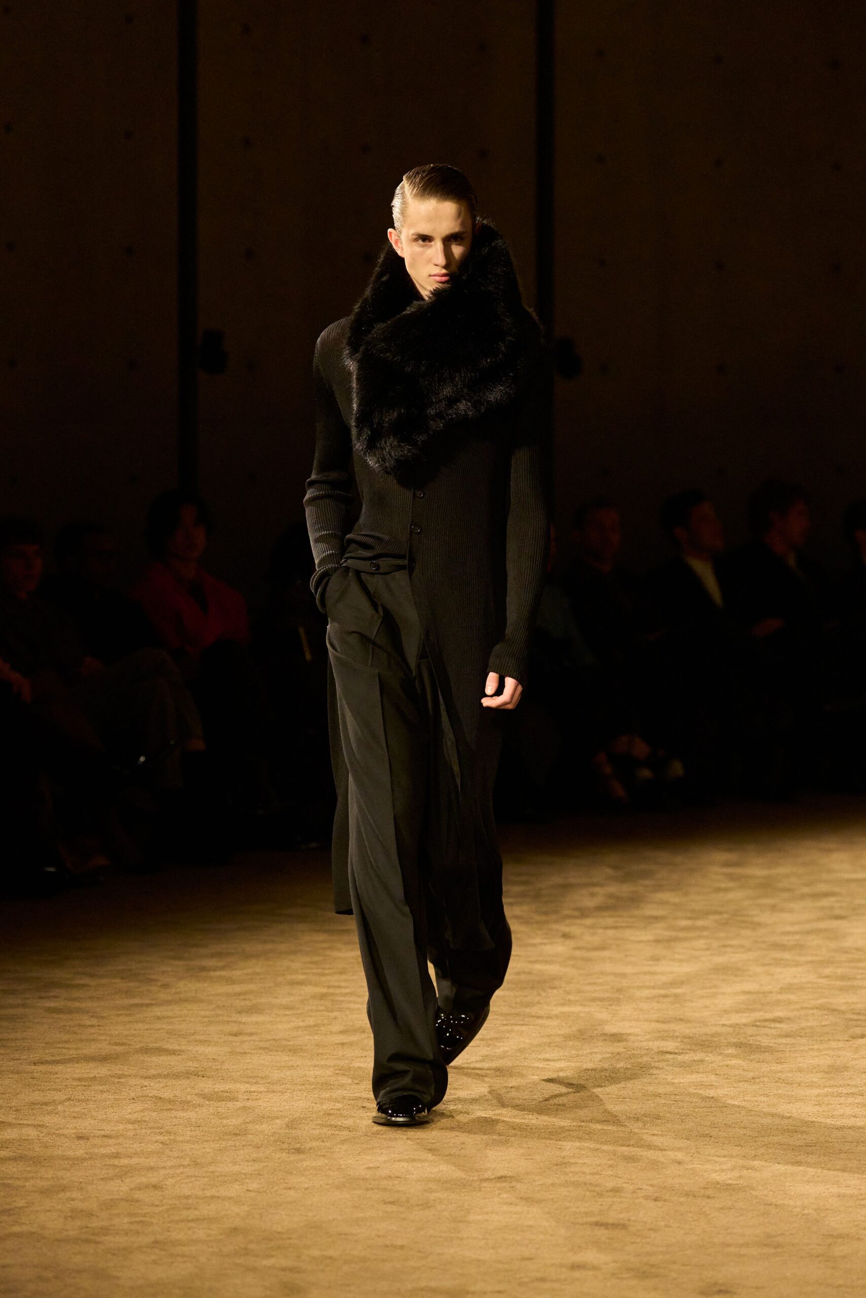black wool coat and tailored pants