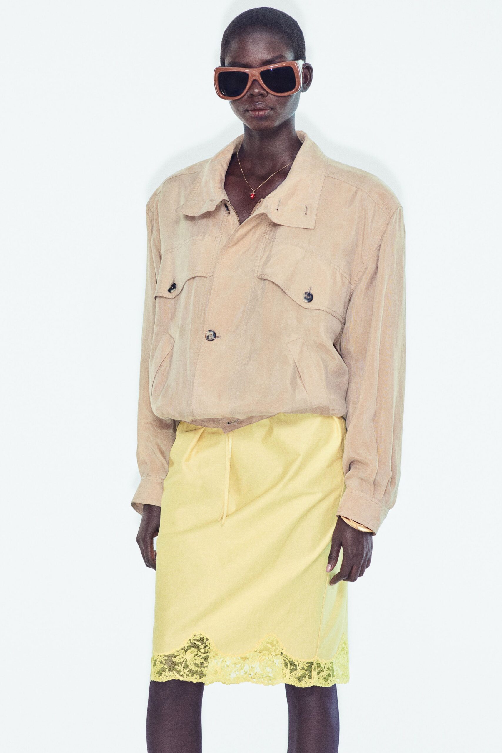 beige cotton long-sleeve collared oversized buttoned jacket