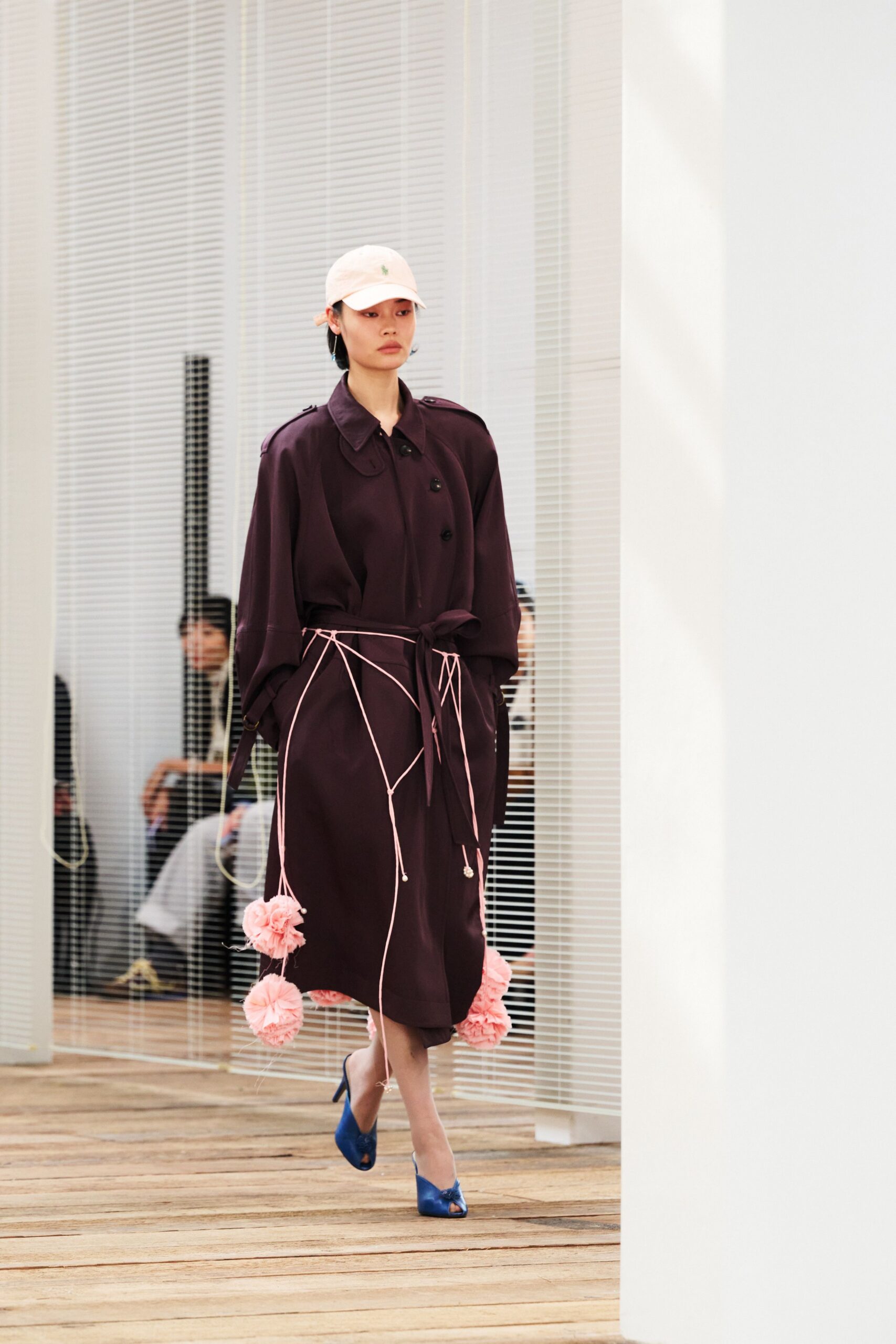 purple cotton long-sleeve collared relaxed belted midi coat