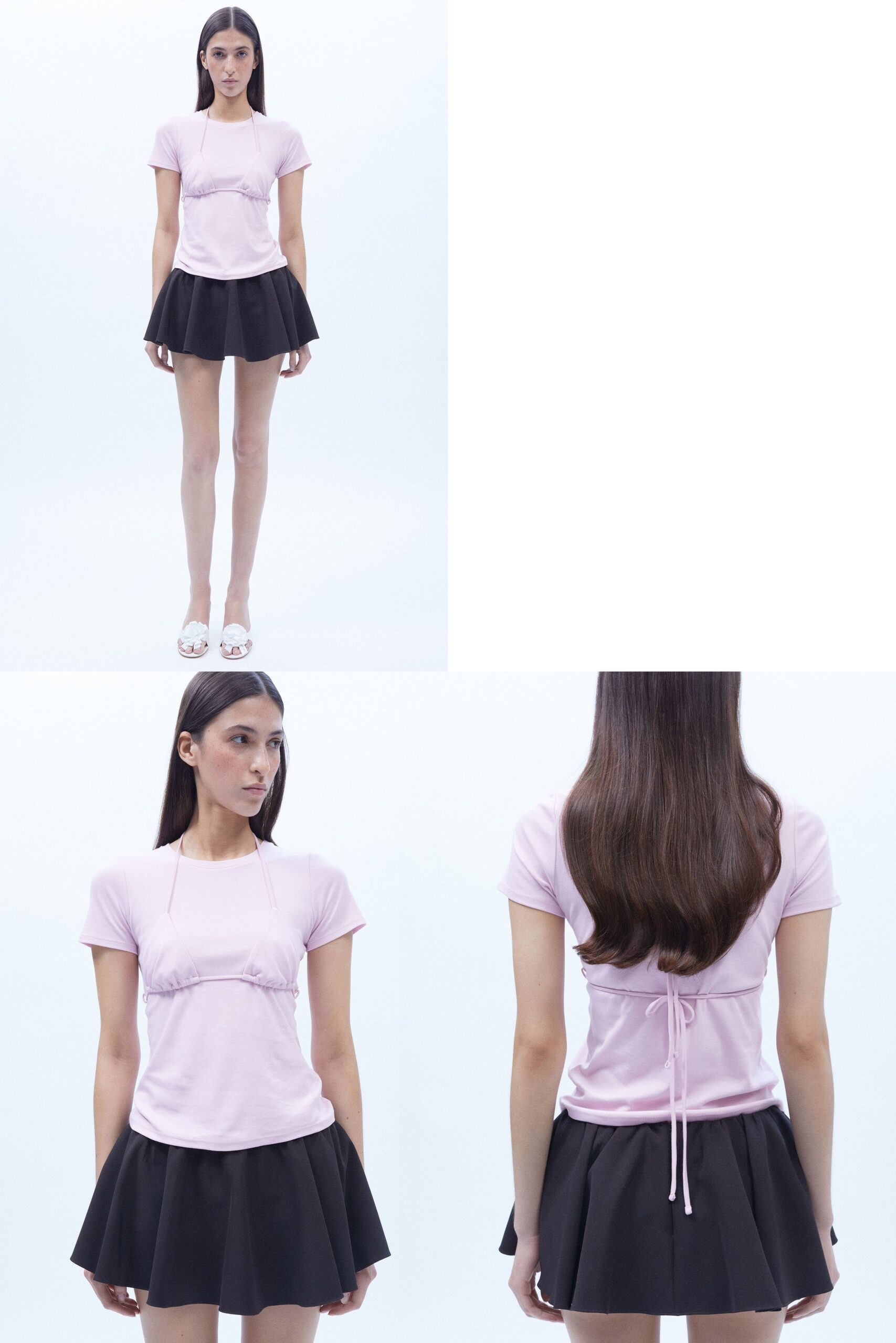 pink fitted top black mini skirt