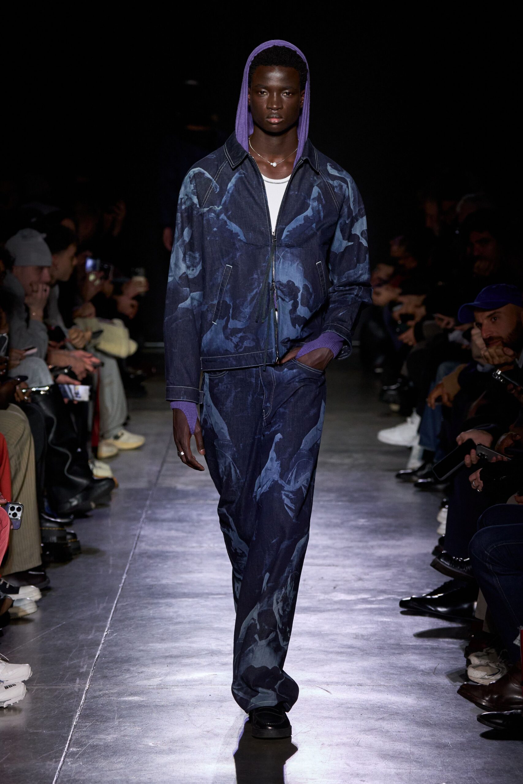 blue denim long-sleeve hooded relaxed zippered printed jacket