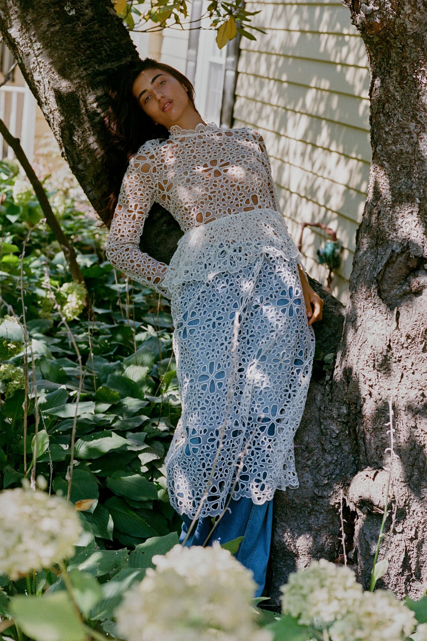 white lace long-sleeve high-neck fitted embroidered tiered dress