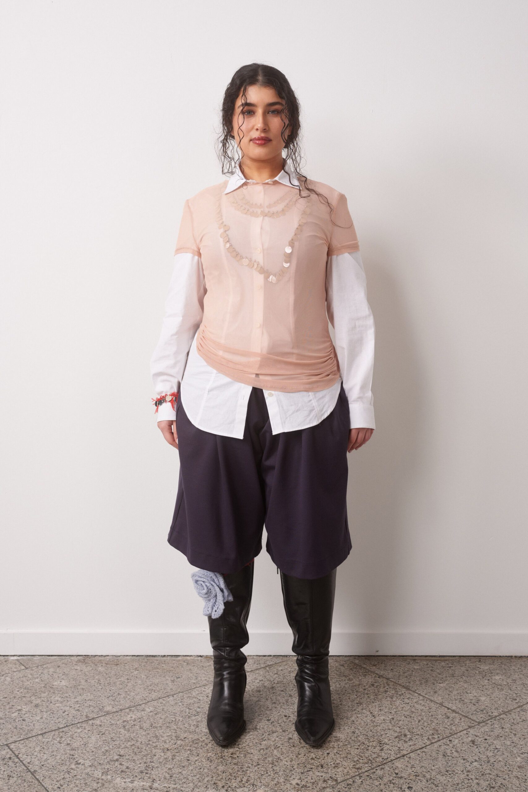 pink mesh top with white shirt
