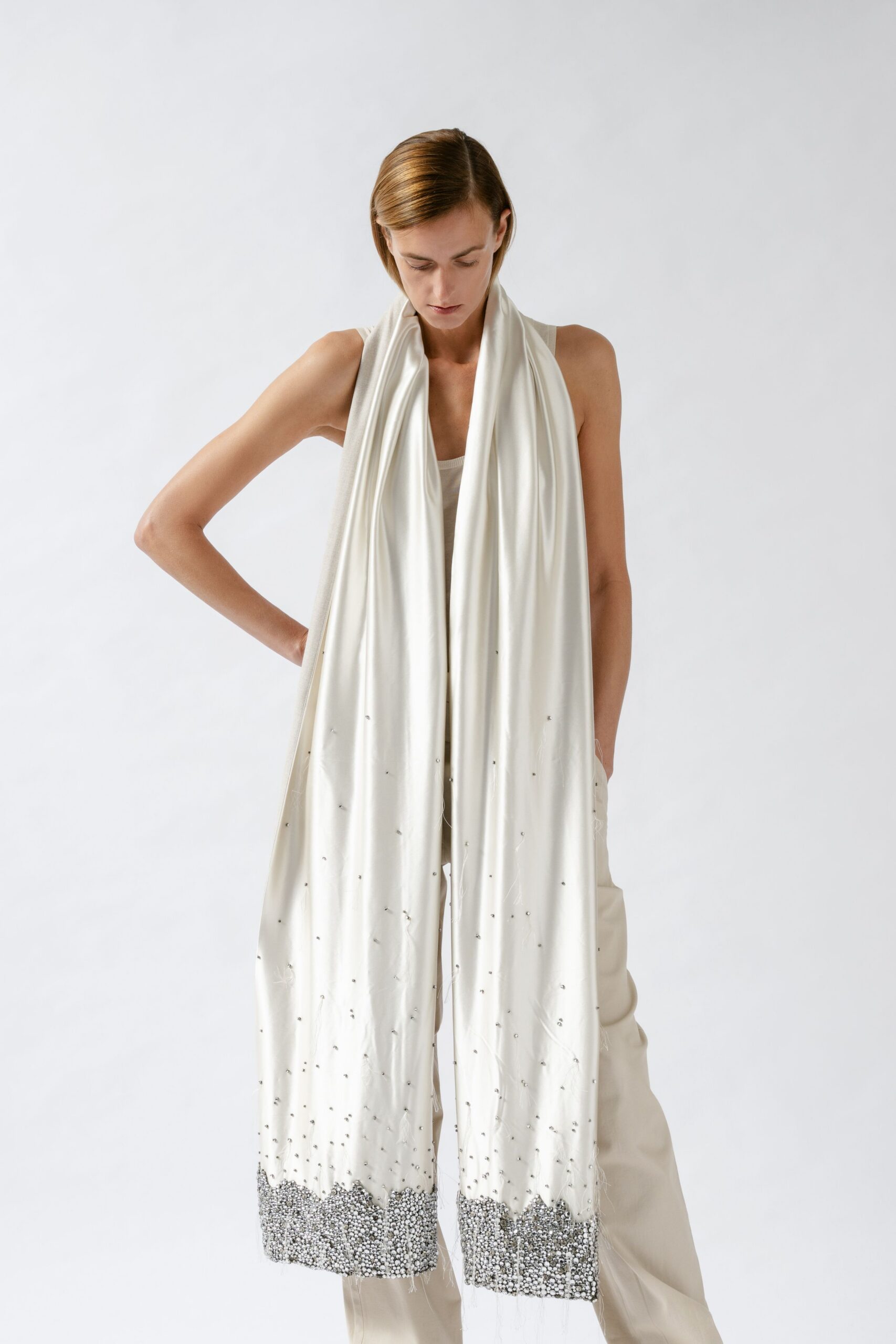 white silk embroidered scarf