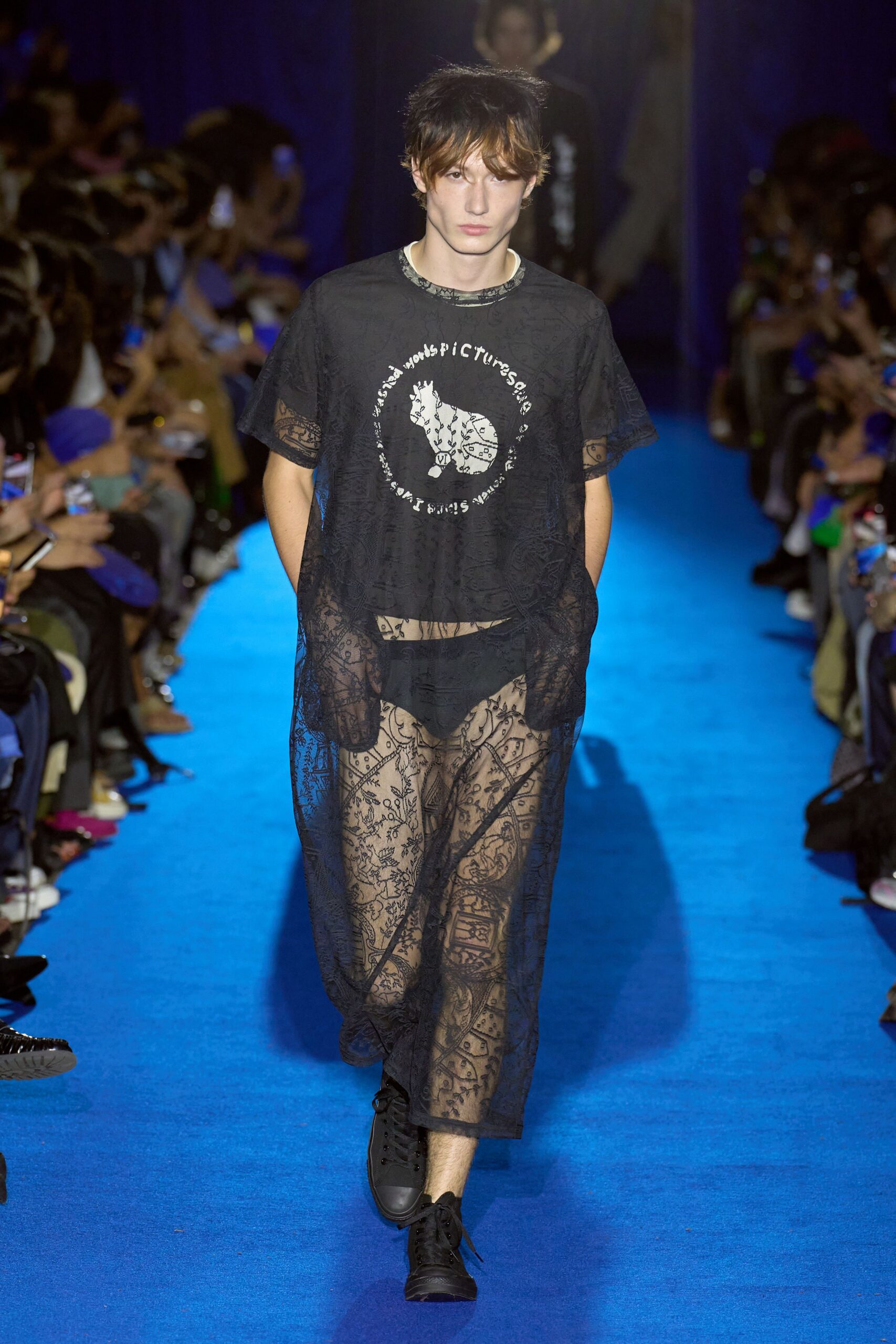black lace short-sleeve collared relaxed sheer top