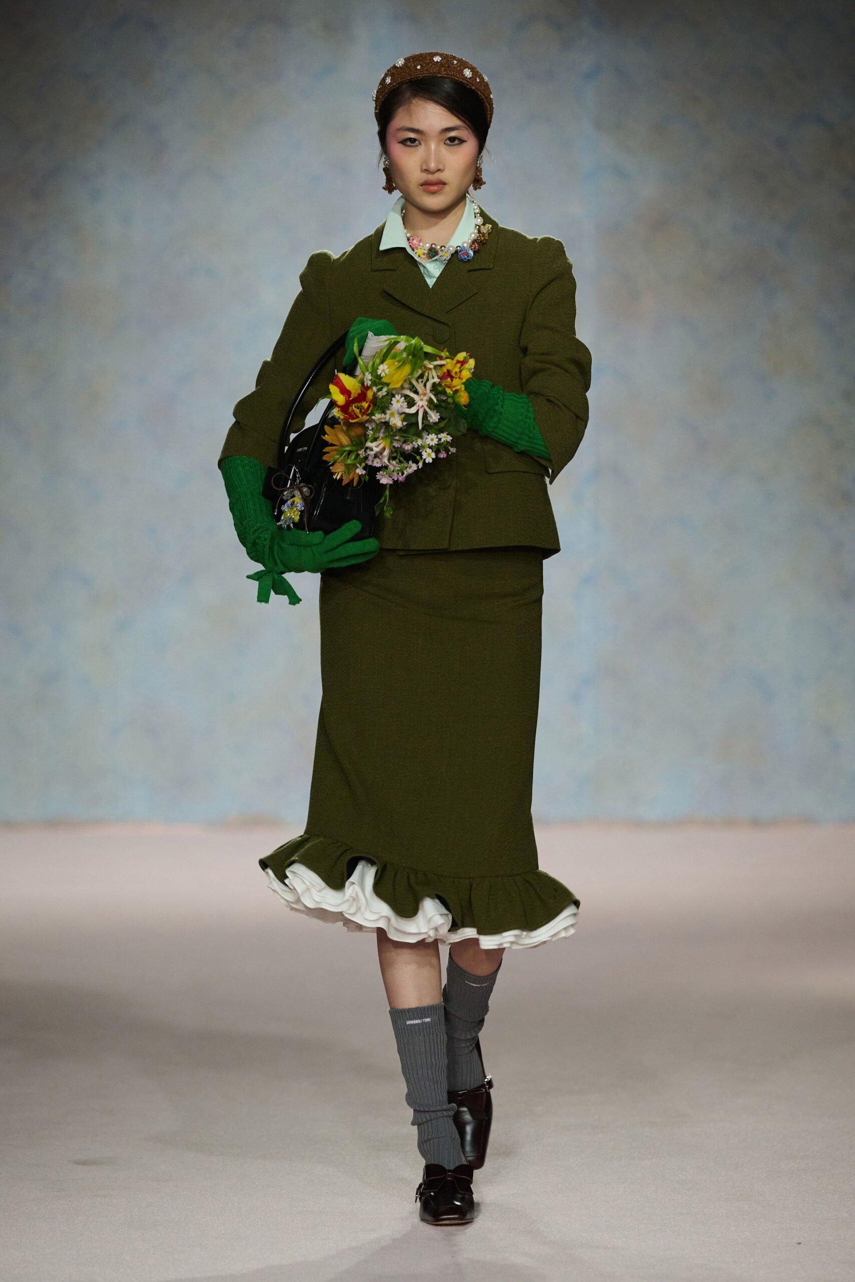 green wool fitted ruffled midi skirt