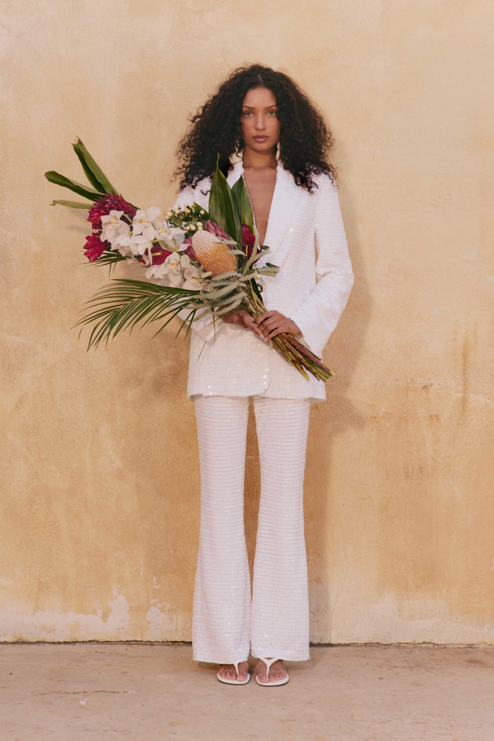 white sequin long-sleeve fitted flared shiny pants