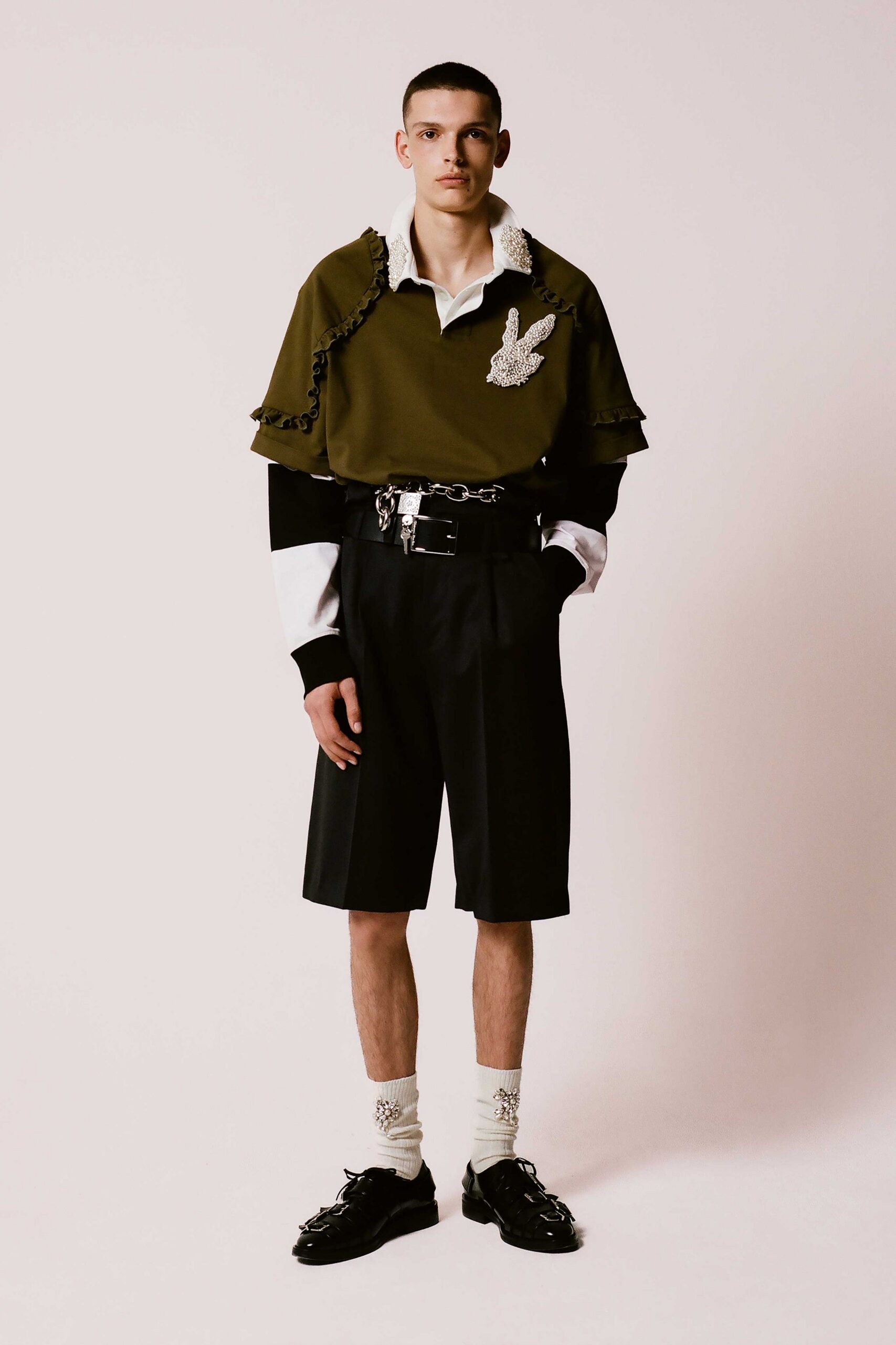 green cotton short-sleeve collared relaxed layered embroidered top