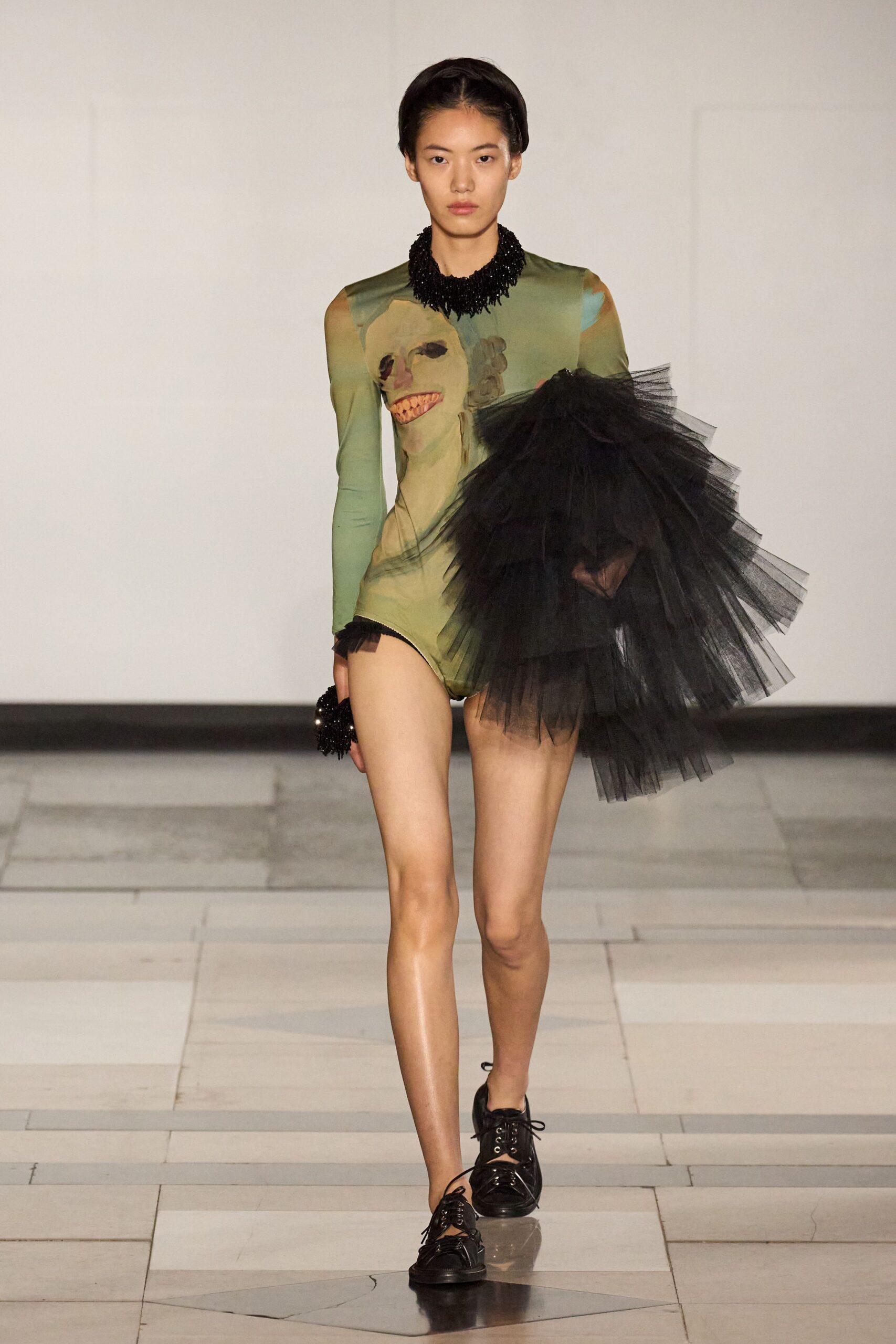 green mesh long-sleeve high-neck fitted printed sheer bodysuit