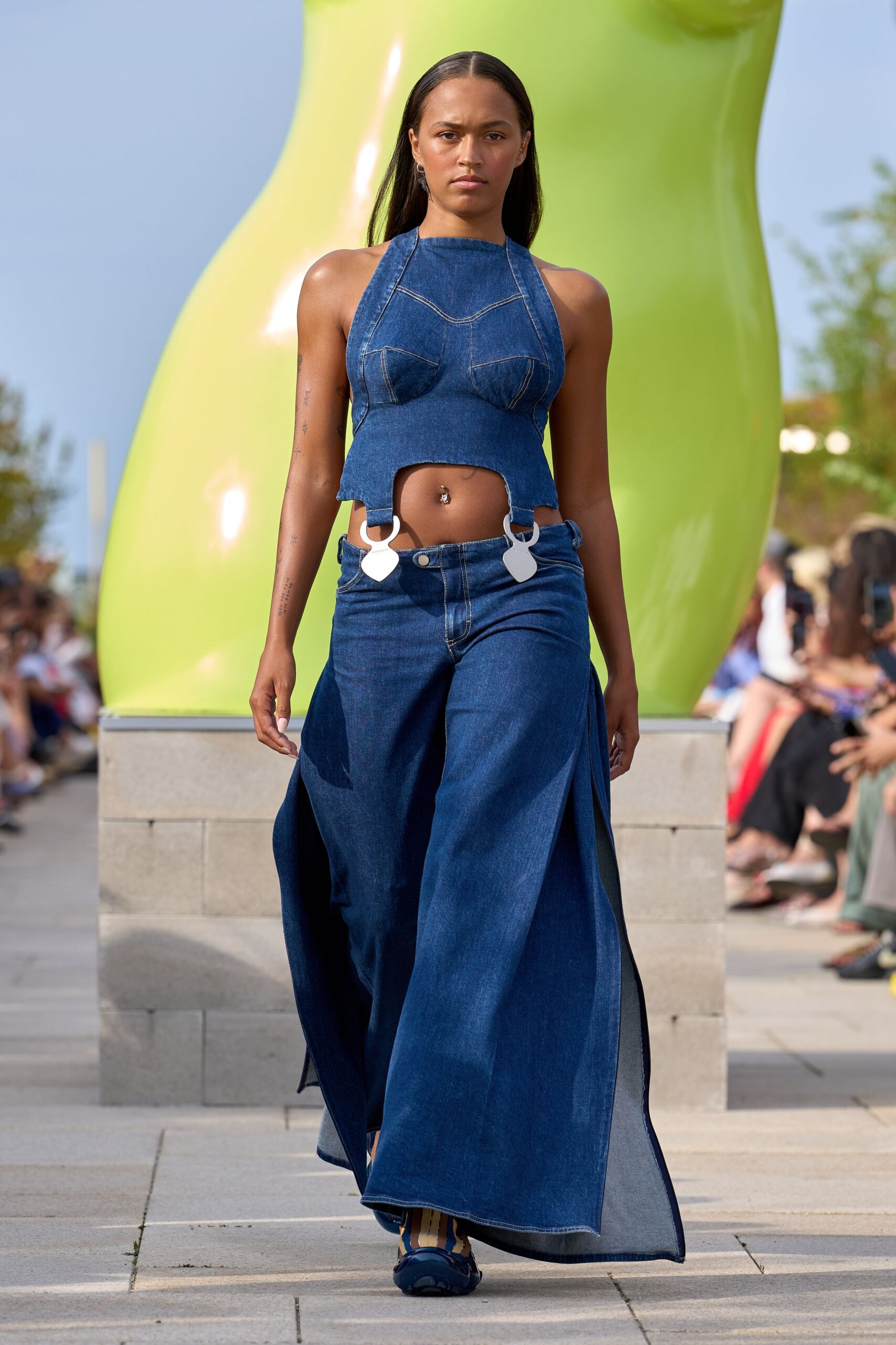 blue denim sleeveless high-neck fitted top