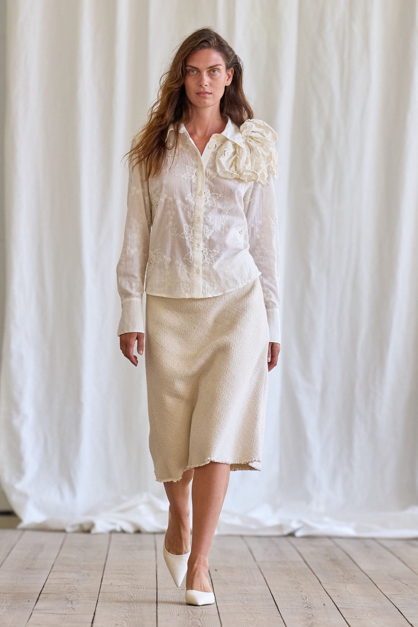 white cotton long-sleeve collared fitted ruffled shirt