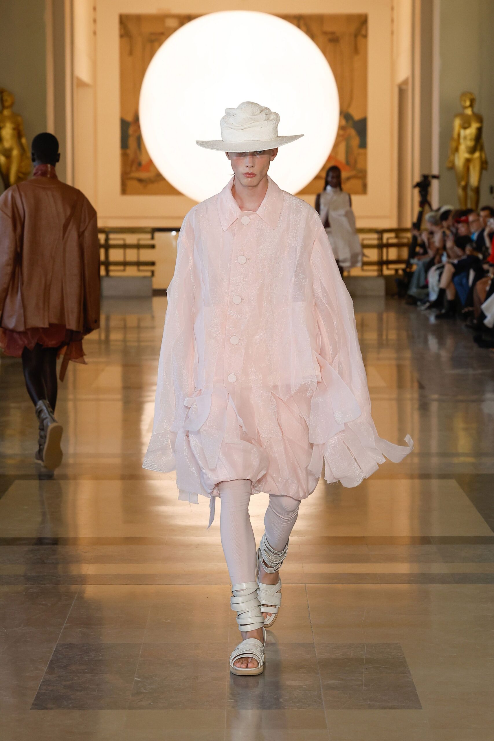 pink silk long-sleeve collared relaxed layered buttoned coat
