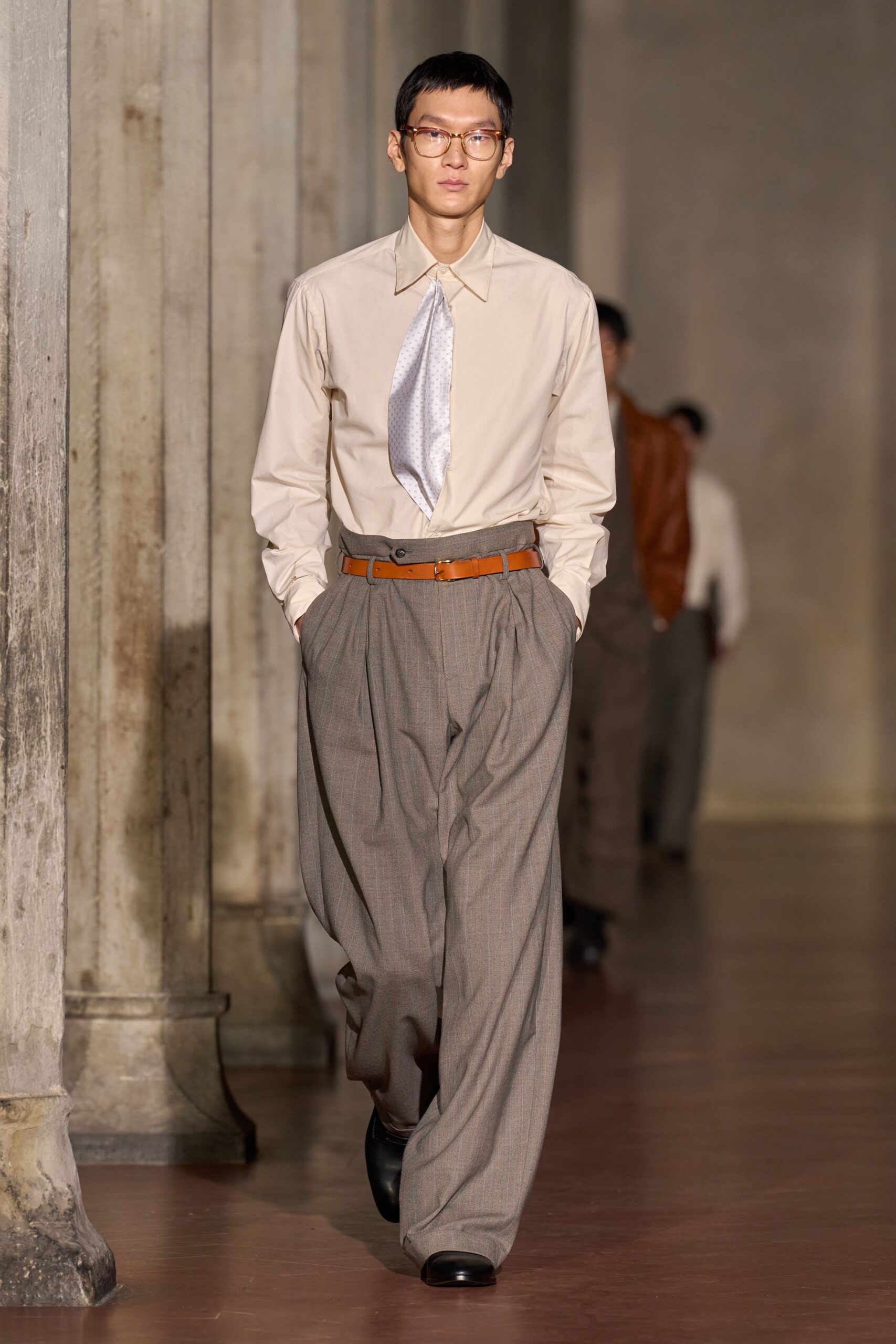 gray wool relaxed high-waisted pleated pants