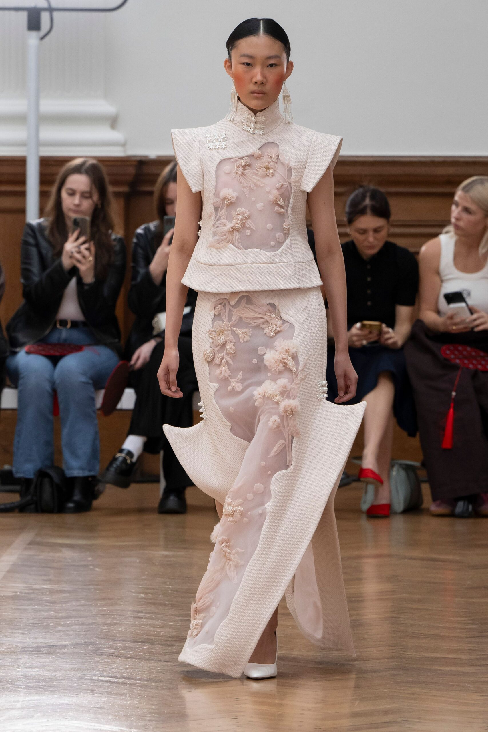 beige silk sleeveless high-neck fitted embroidered layered dress
