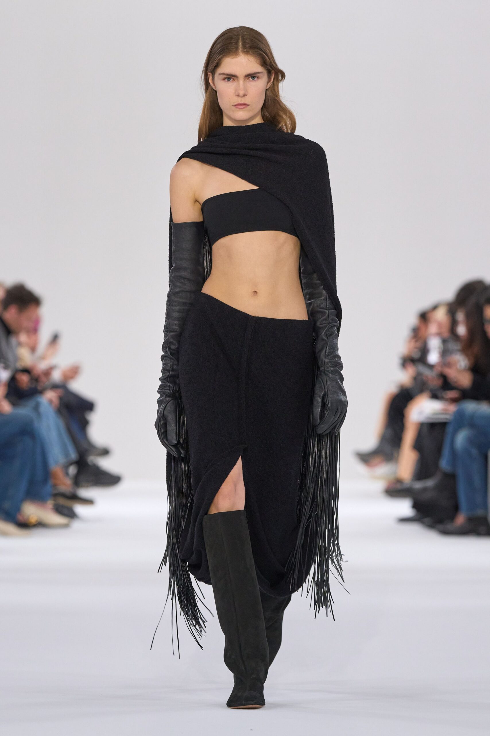 black wool slit fitted high-waisted layered skirt