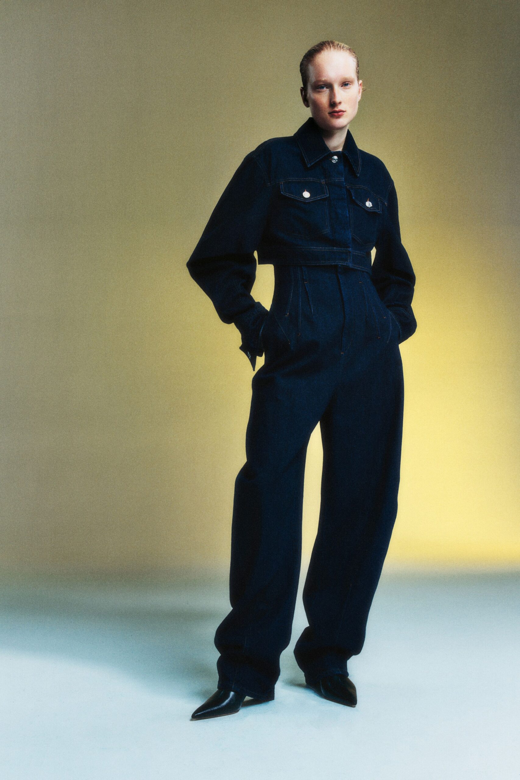 black denim long-sleeve collared fitted zippered pockets jumpsuit
