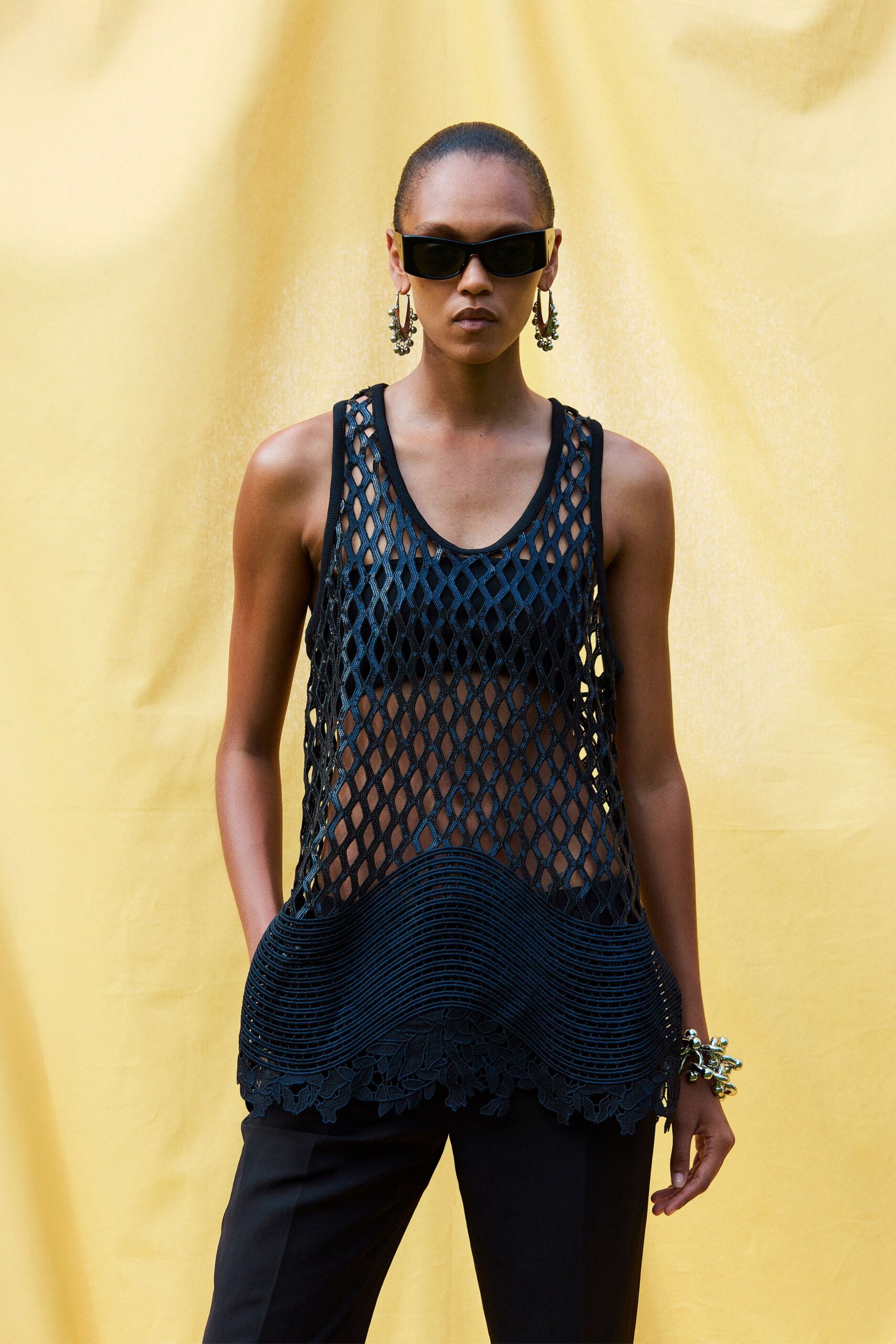 black cotton sleeveless v-neck relaxed layered sheer top