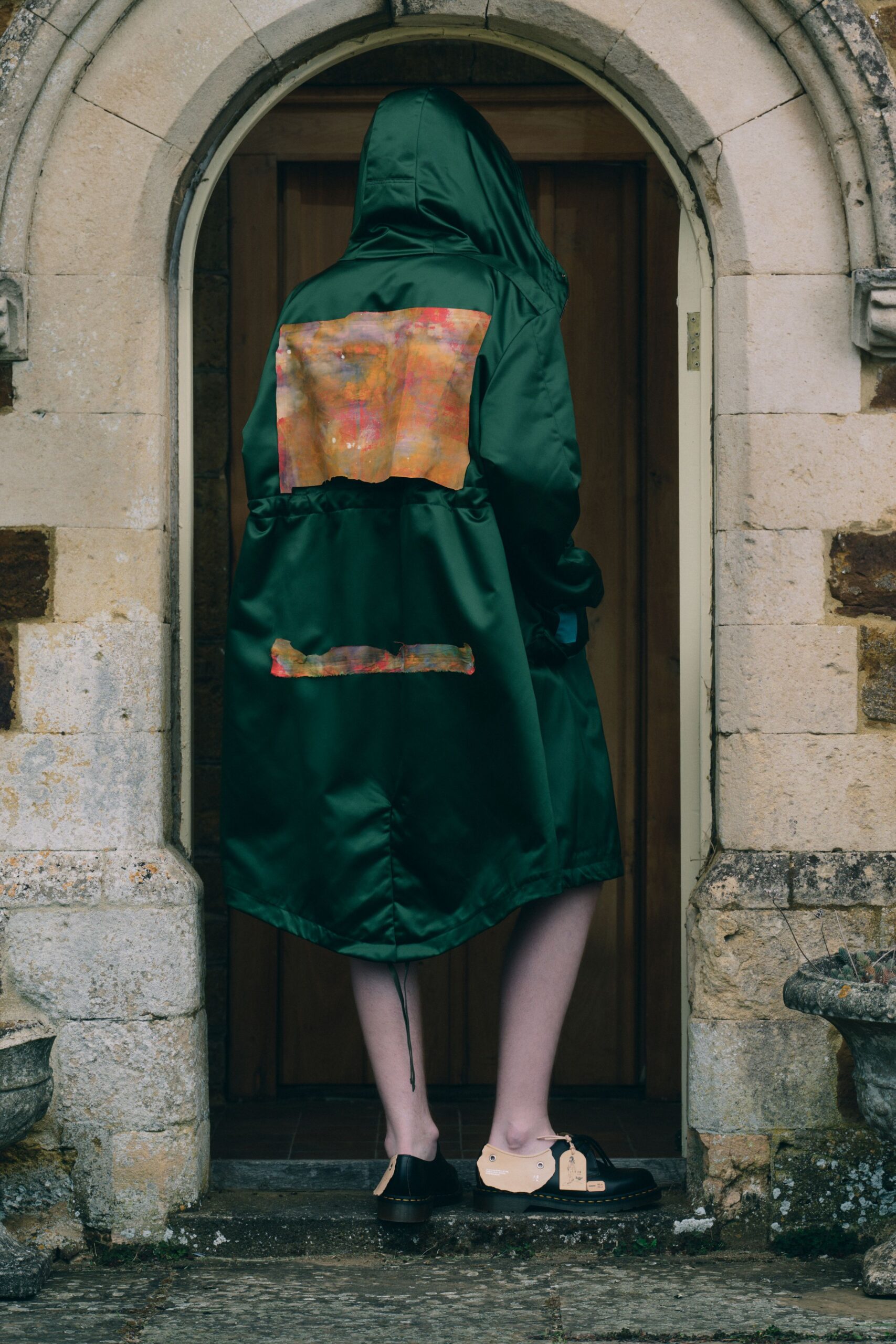 green silk hooded relaxed zippered midi coat