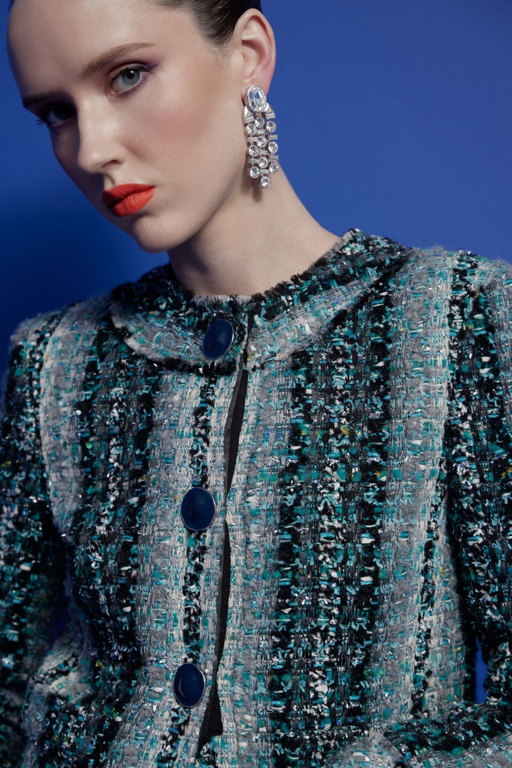 structured blue green tweed jacket