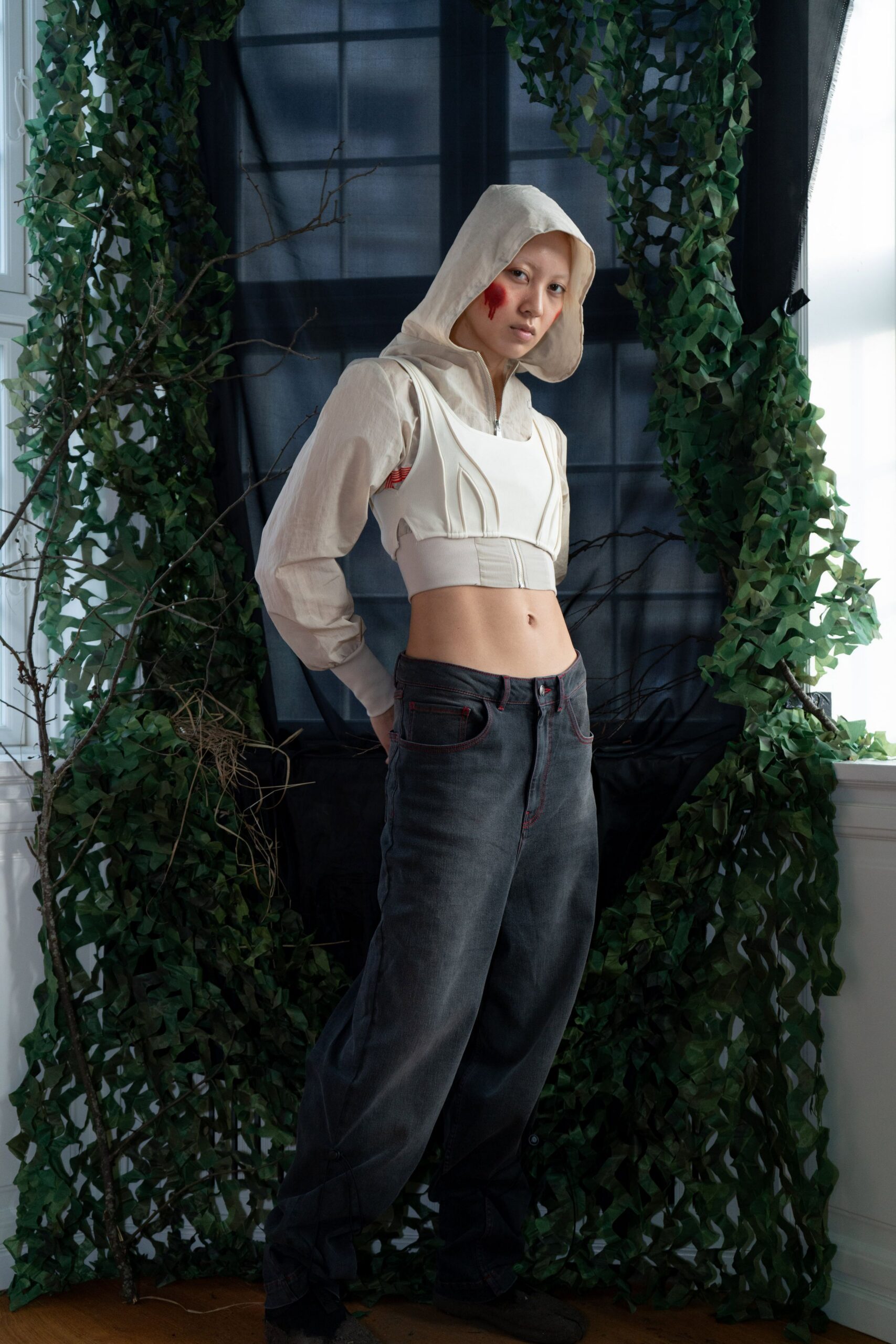 white hoodie black denim pants