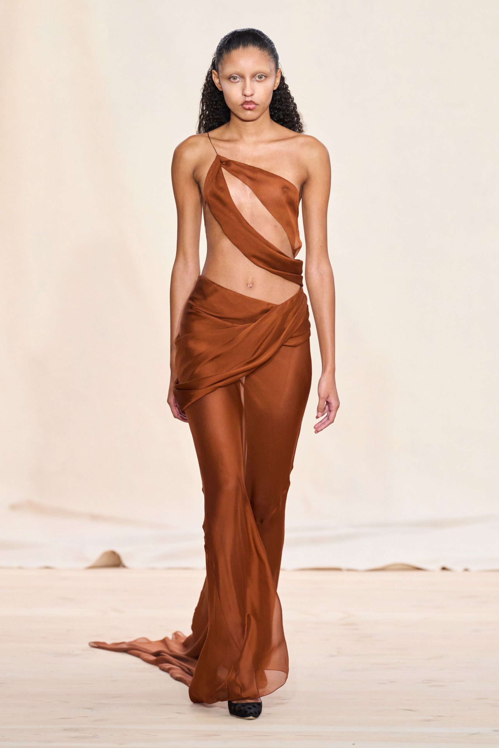brown silk cutout gown
