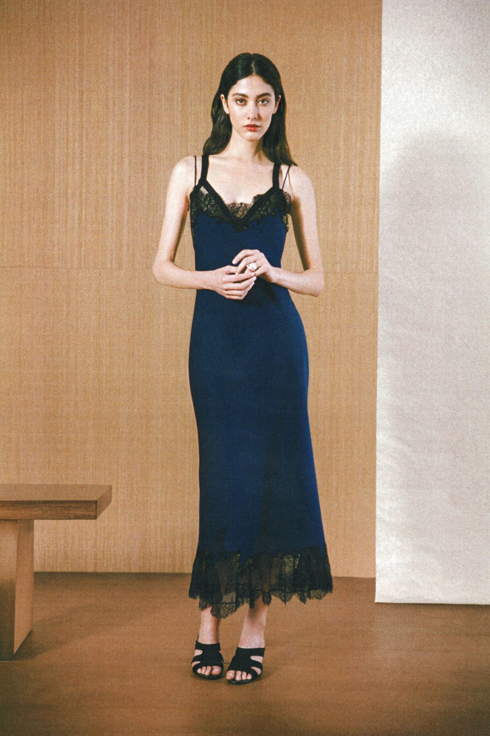 blue silk sleeveless v-neck fitted tiered midi dress