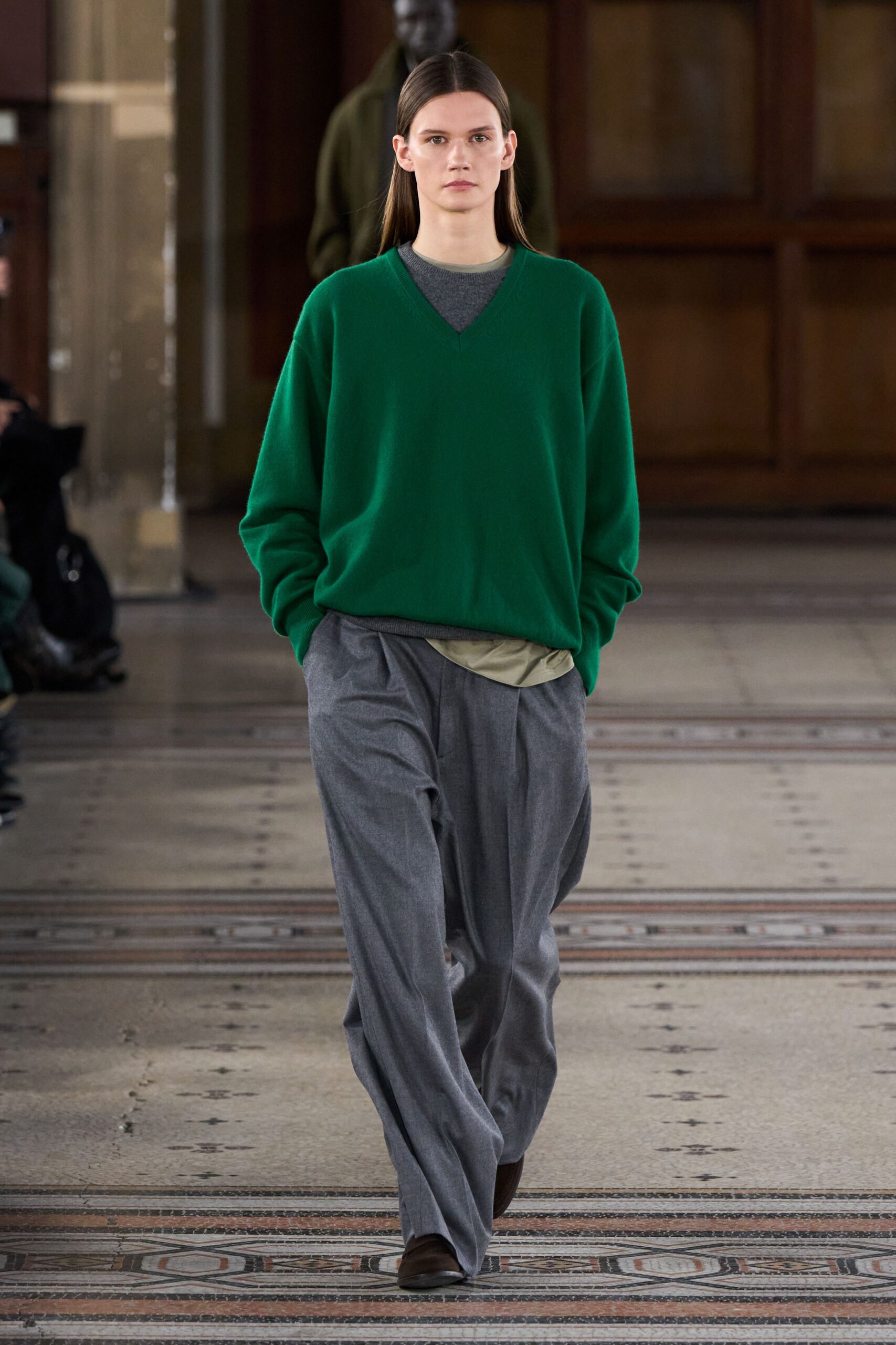 green wool long-sleeve v-neck oversized sweater