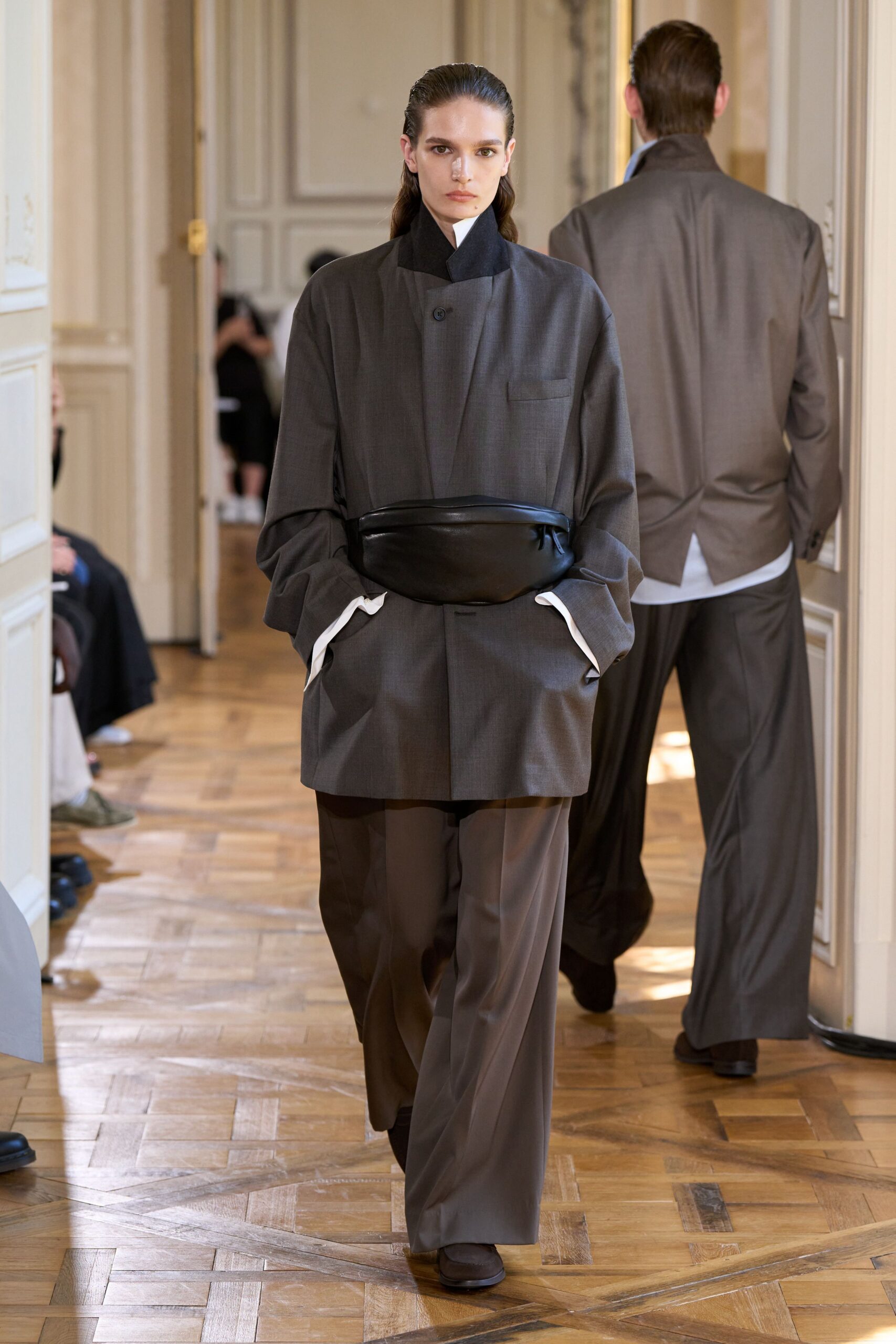 oversized gray jacket with relaxed pants