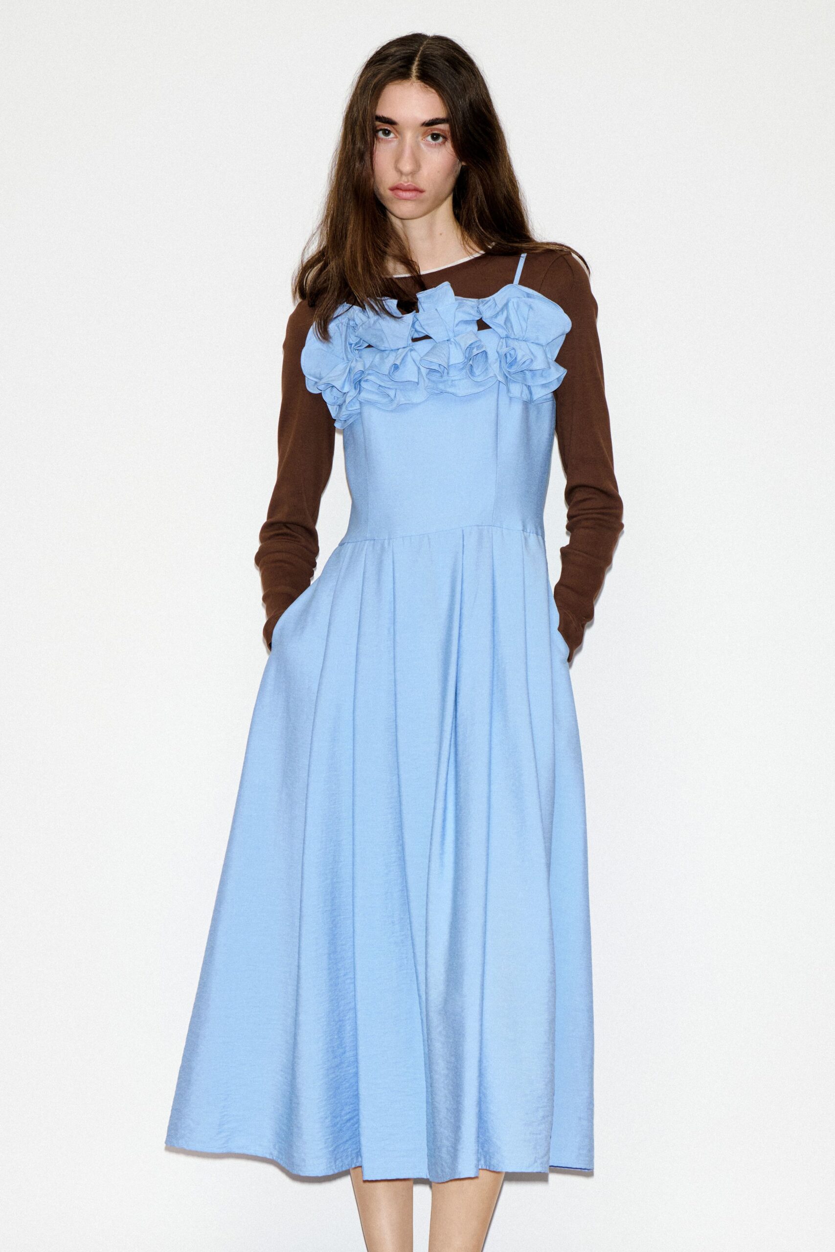 blue cotton sleeveless v-neck fitted pleated ruffled dress