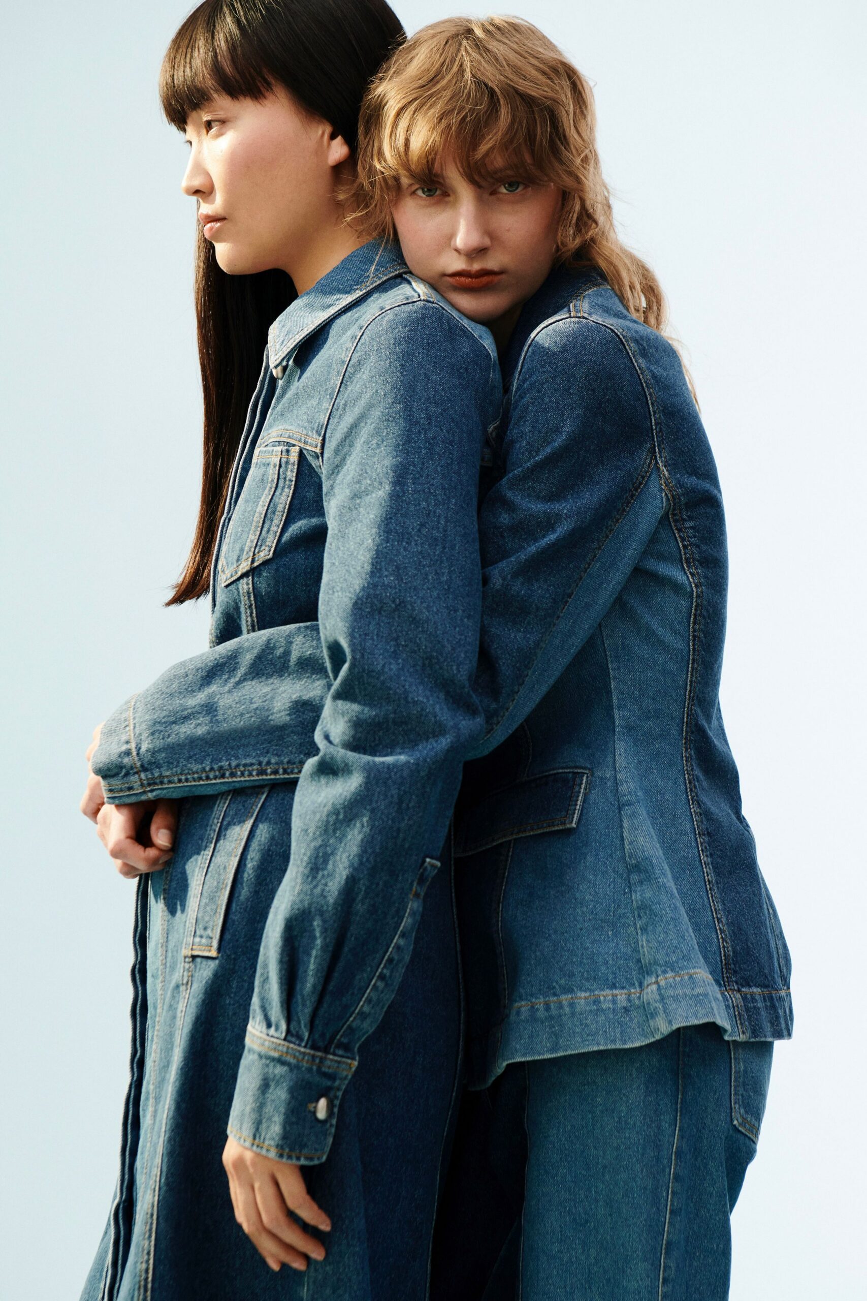 blue denim long-sleeve collared fitted buttoned midi dress