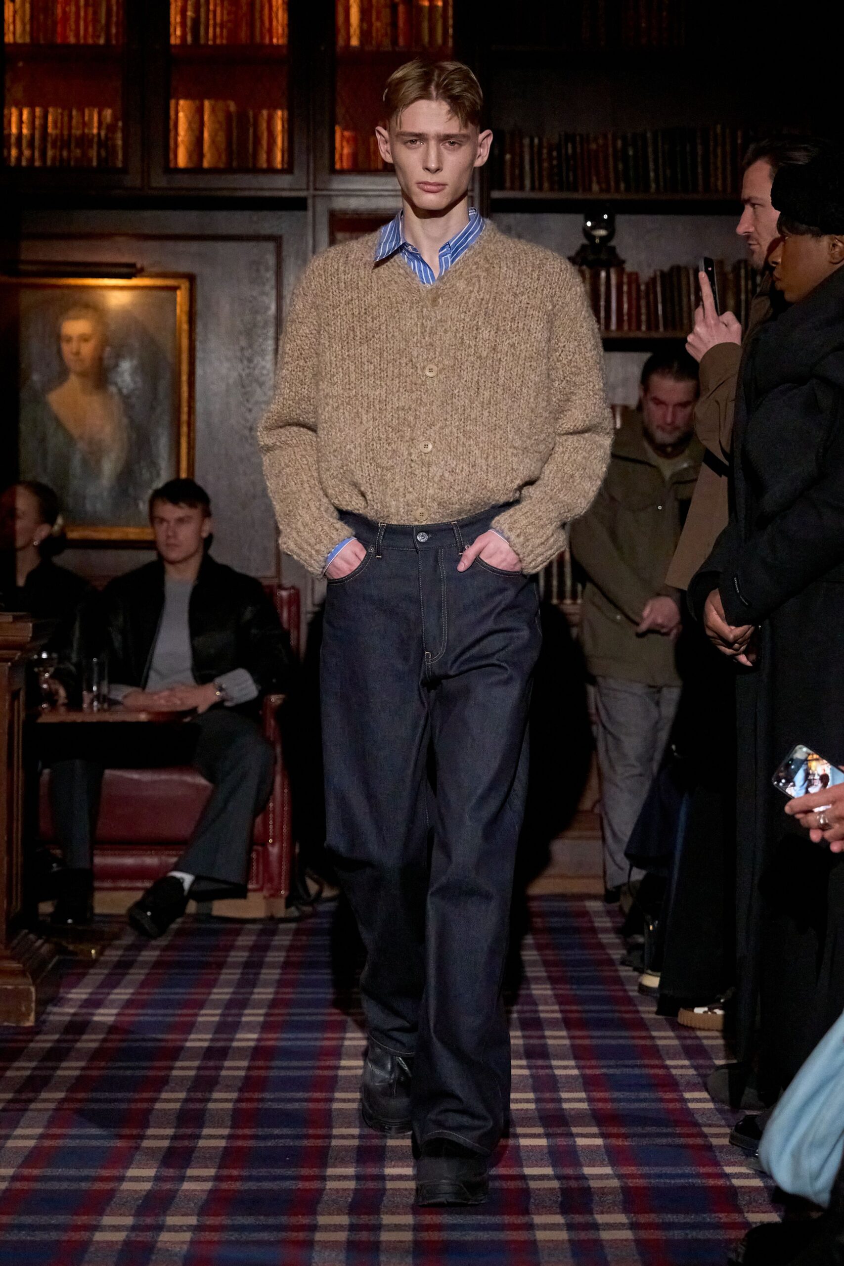 brown wool cardigan with blue shirt