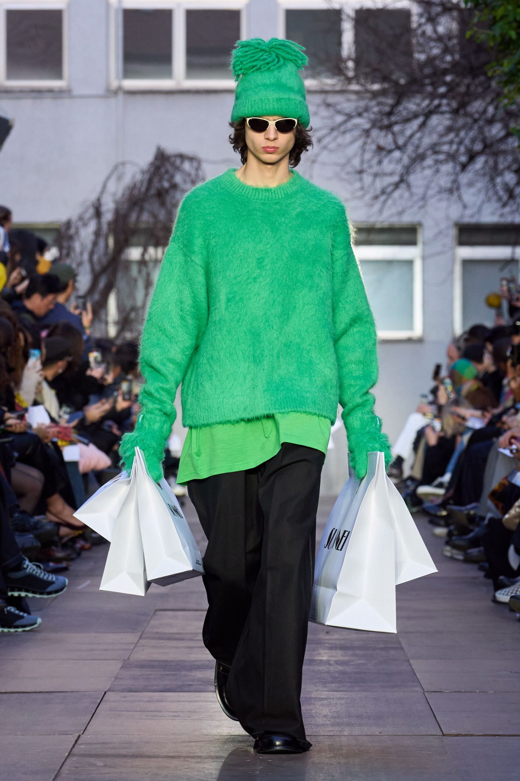 green wool long-sleeve collared oversized textured sweater