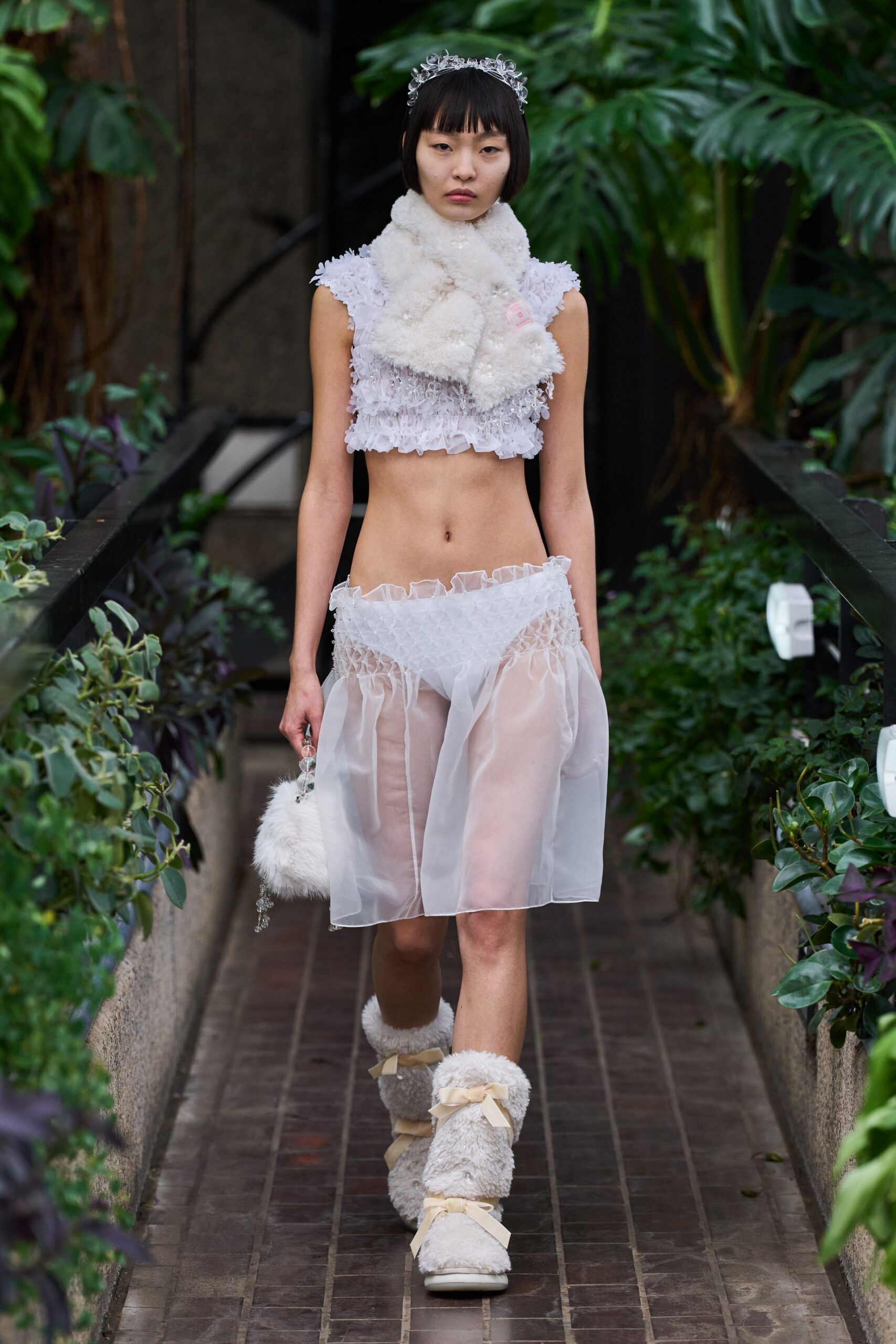 white lace cropped top and mini skirt