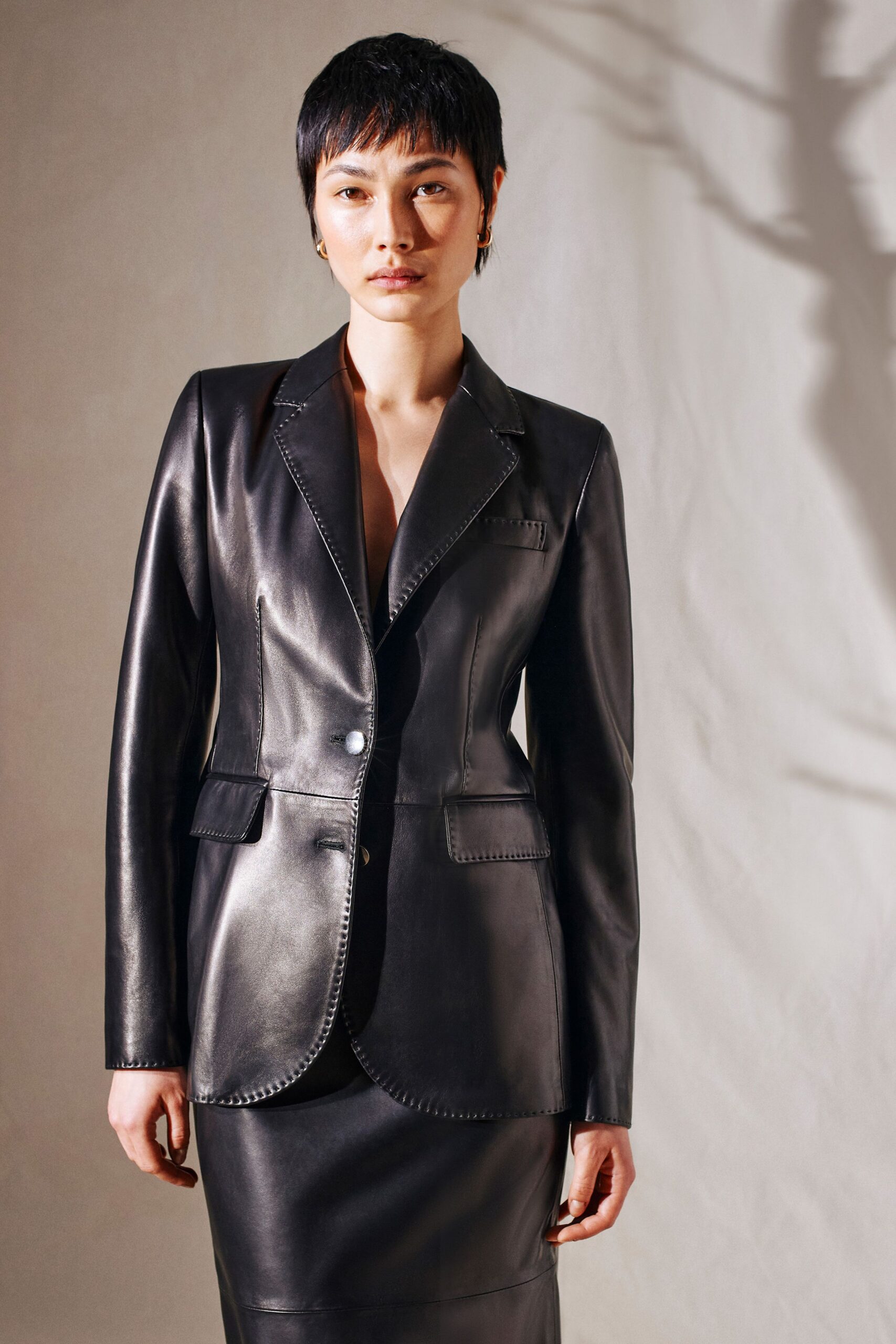 black leather fitted blazer and dress