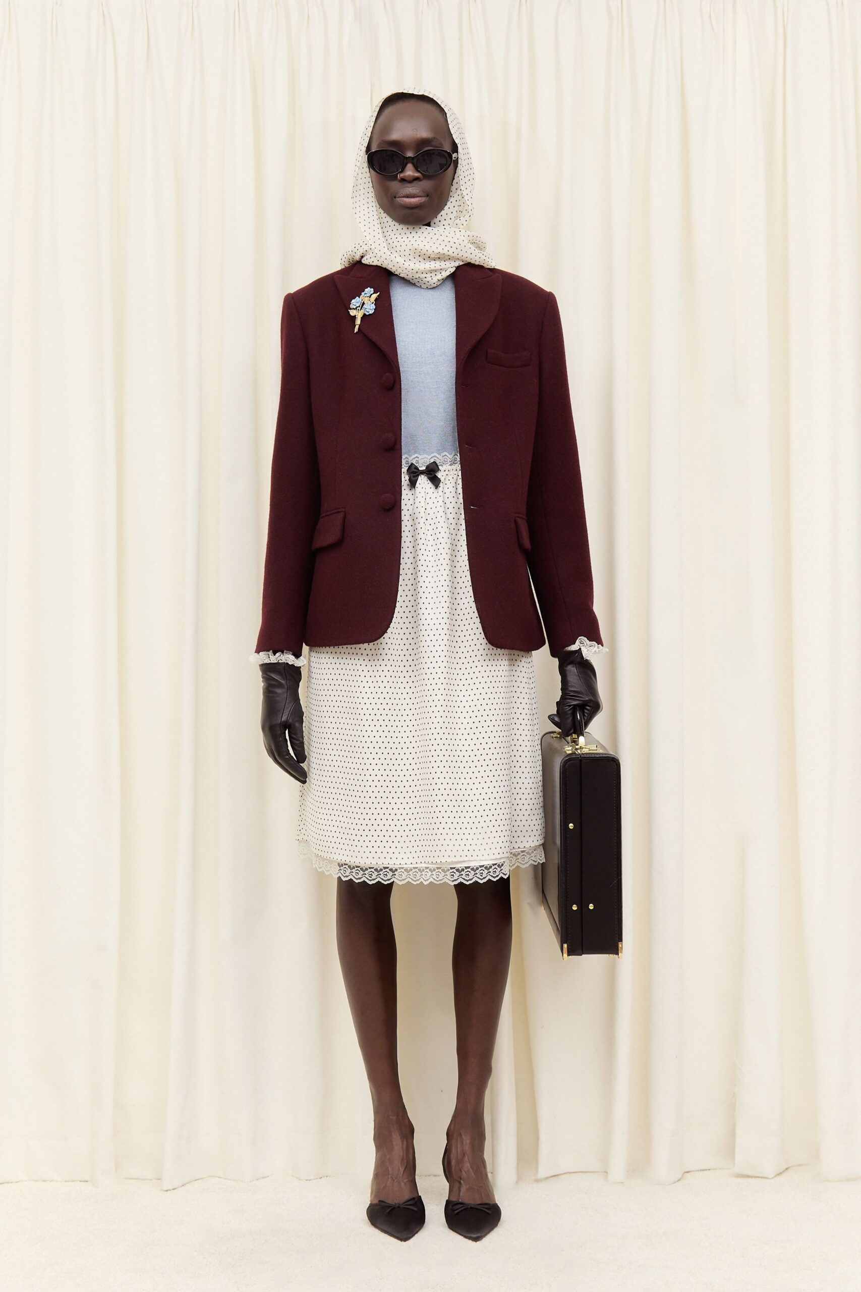 maroon tailored blazer with midi skirt