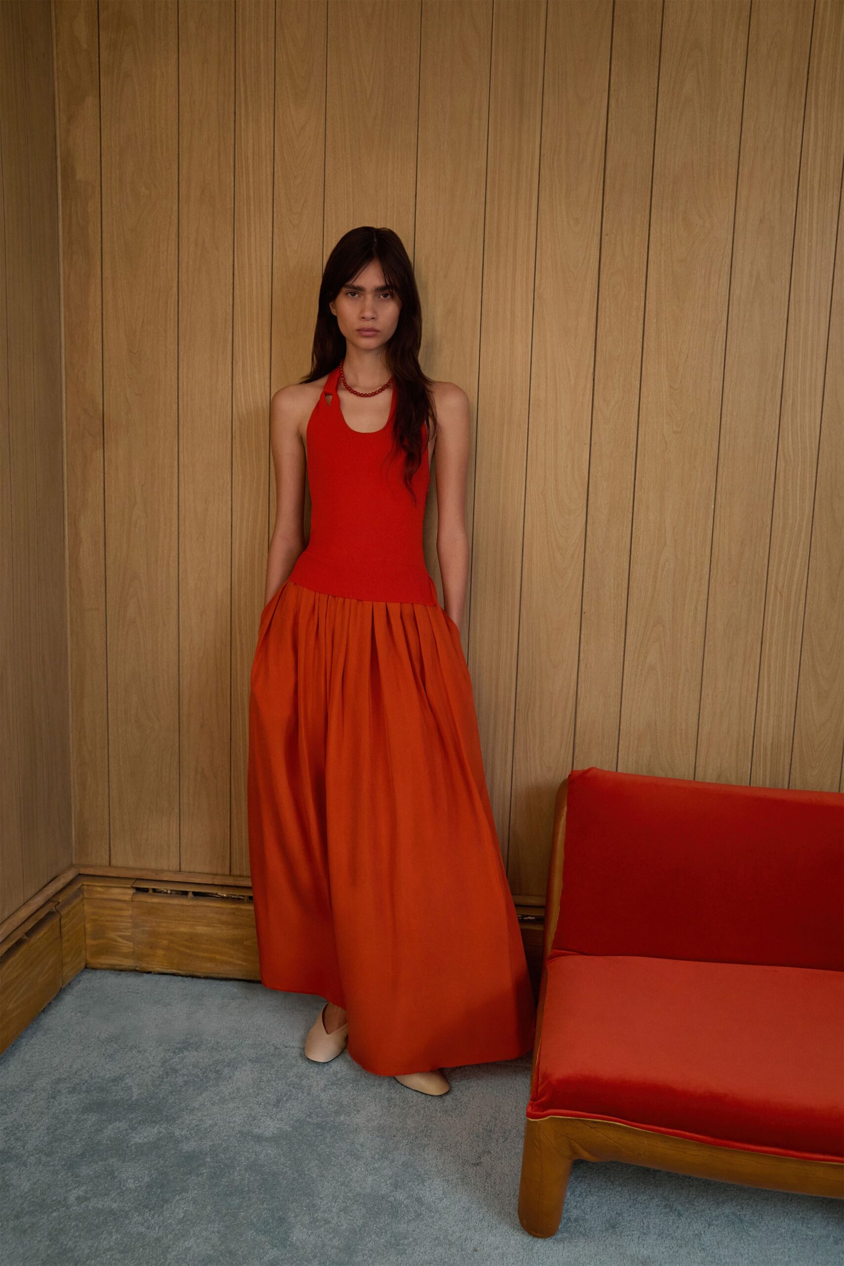 red cotton sleeveless halter fitted pleated a-line dress
