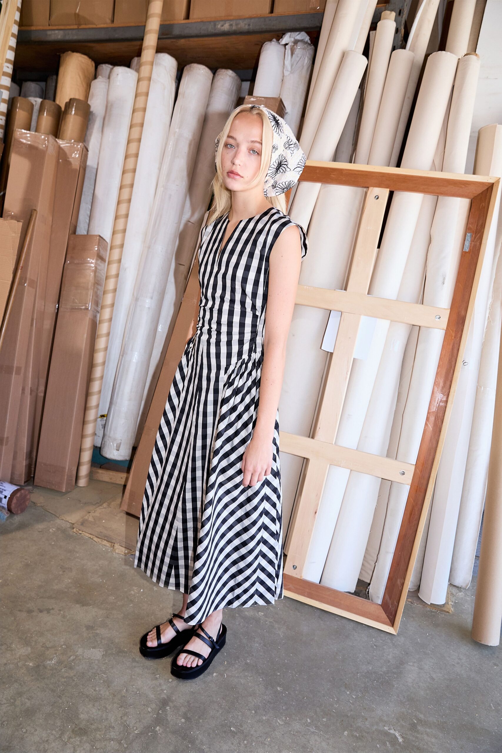 black and white striped midi dress