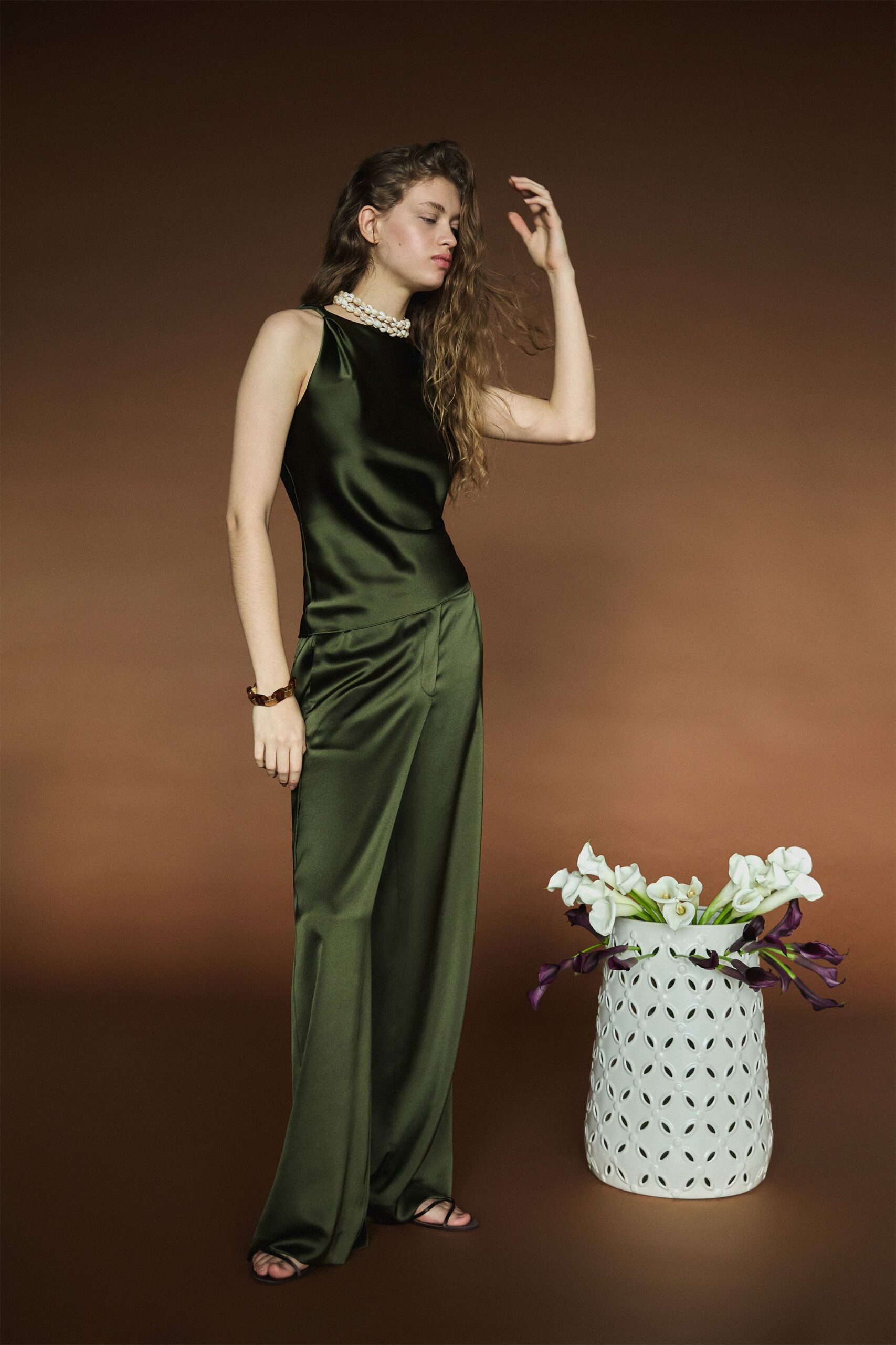 green silk relaxed wide-leg flowing pants