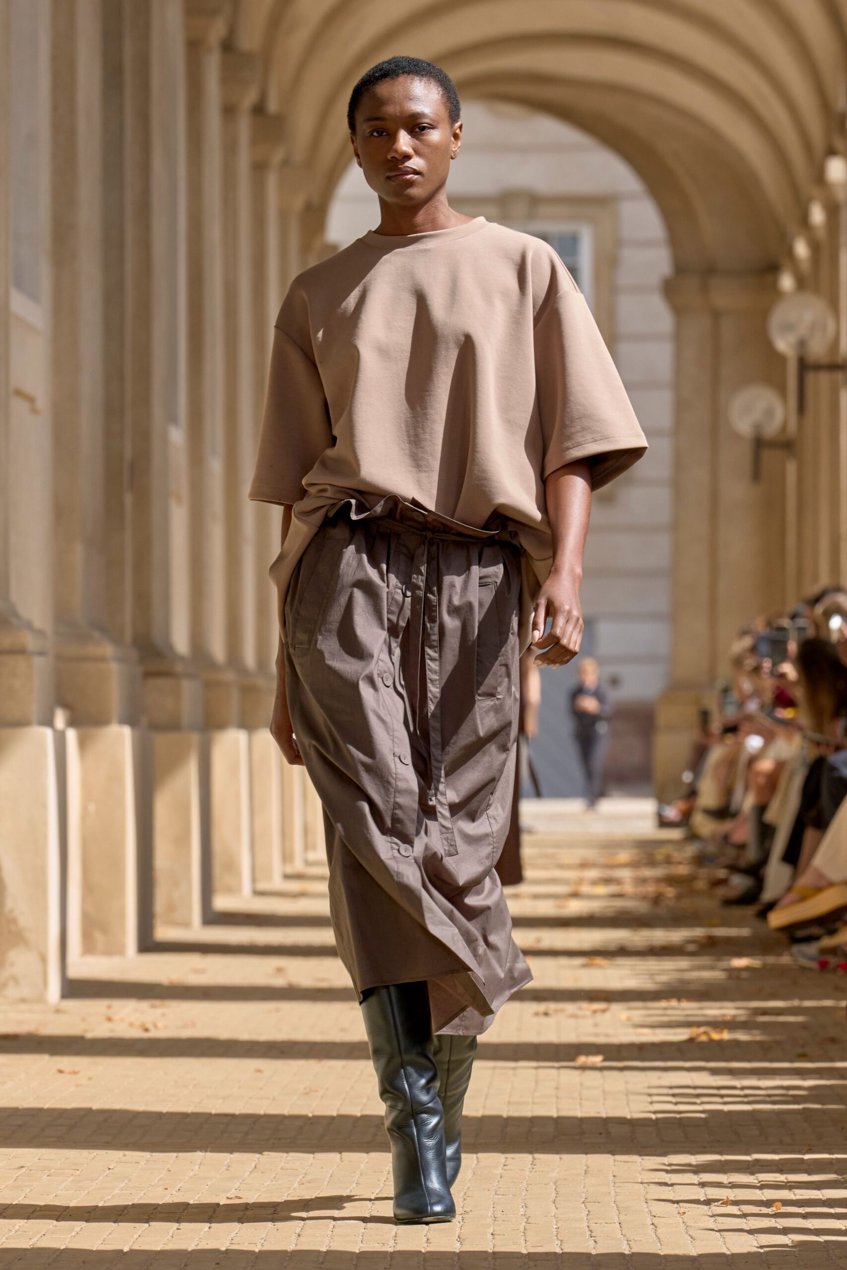 beige cotton short-sleeve collared oversized top