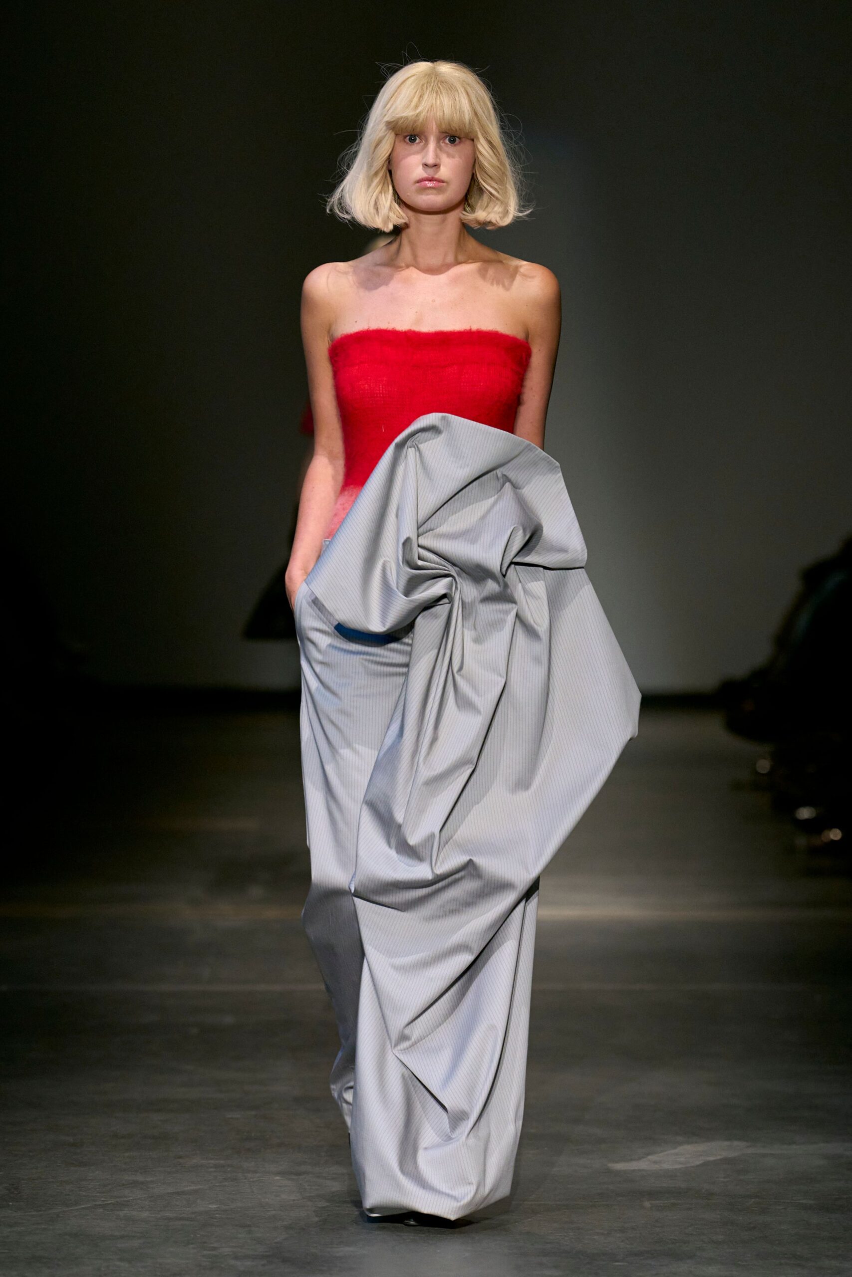 red silk strapless fitted ruffled top