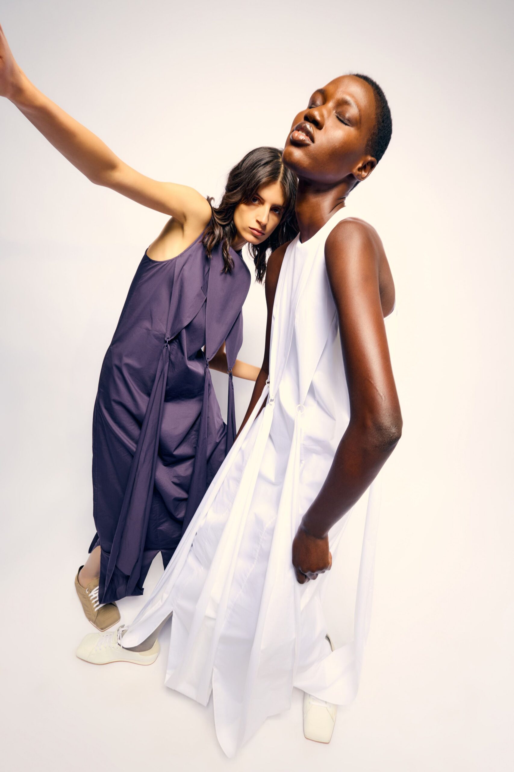 purple cotton sleeveless v-neck relaxed draped midi dress