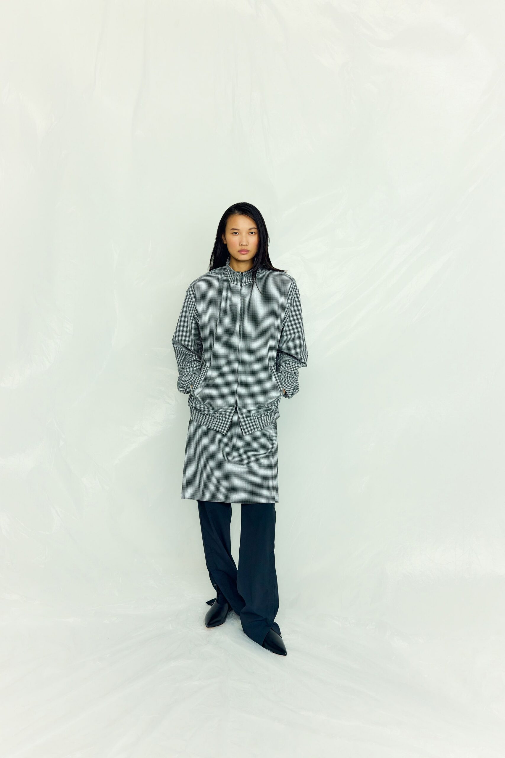 gray cotton long-sleeve collared oversized checked midi coat