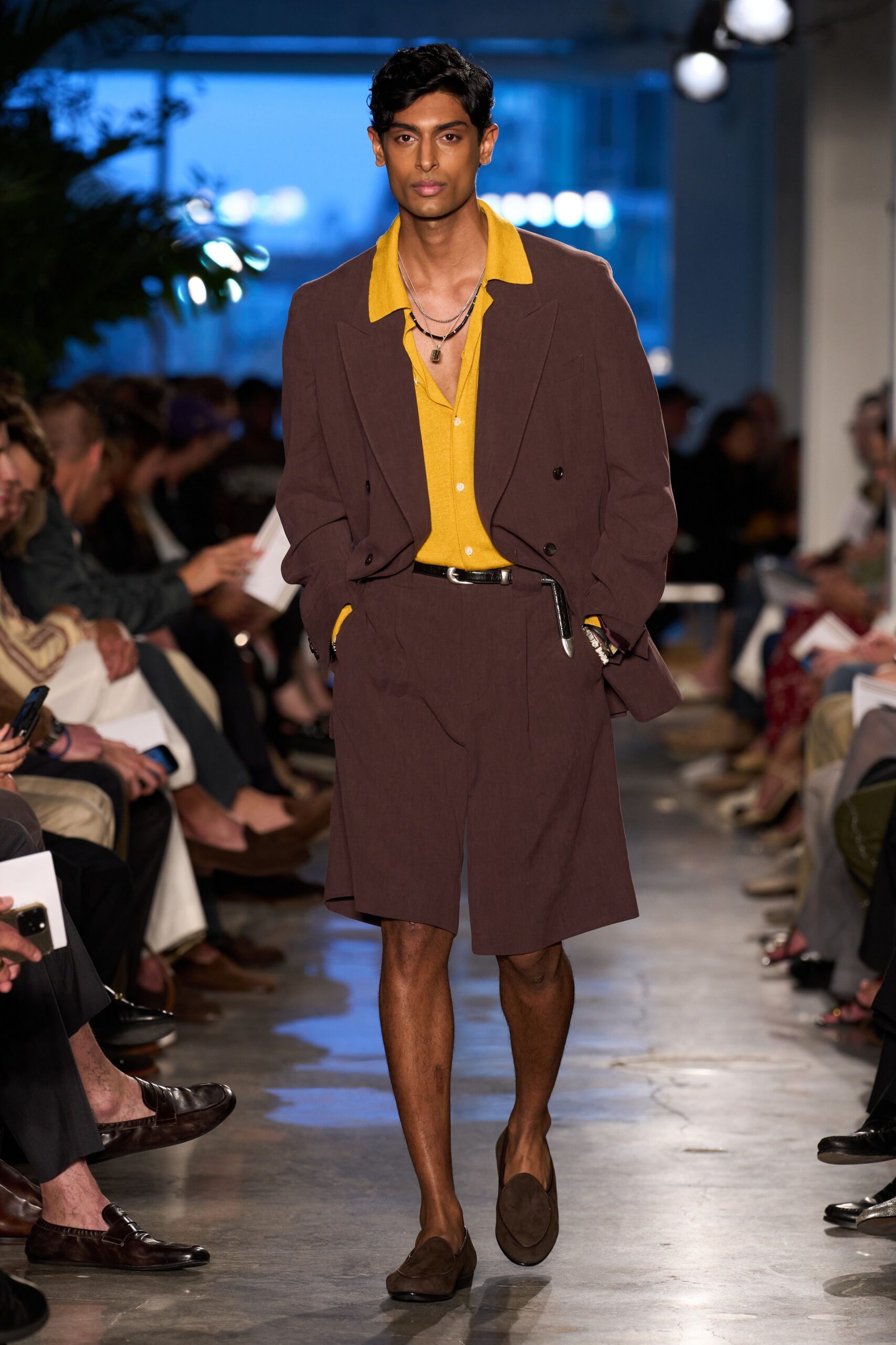 brown tailored blazer with yellow shirt