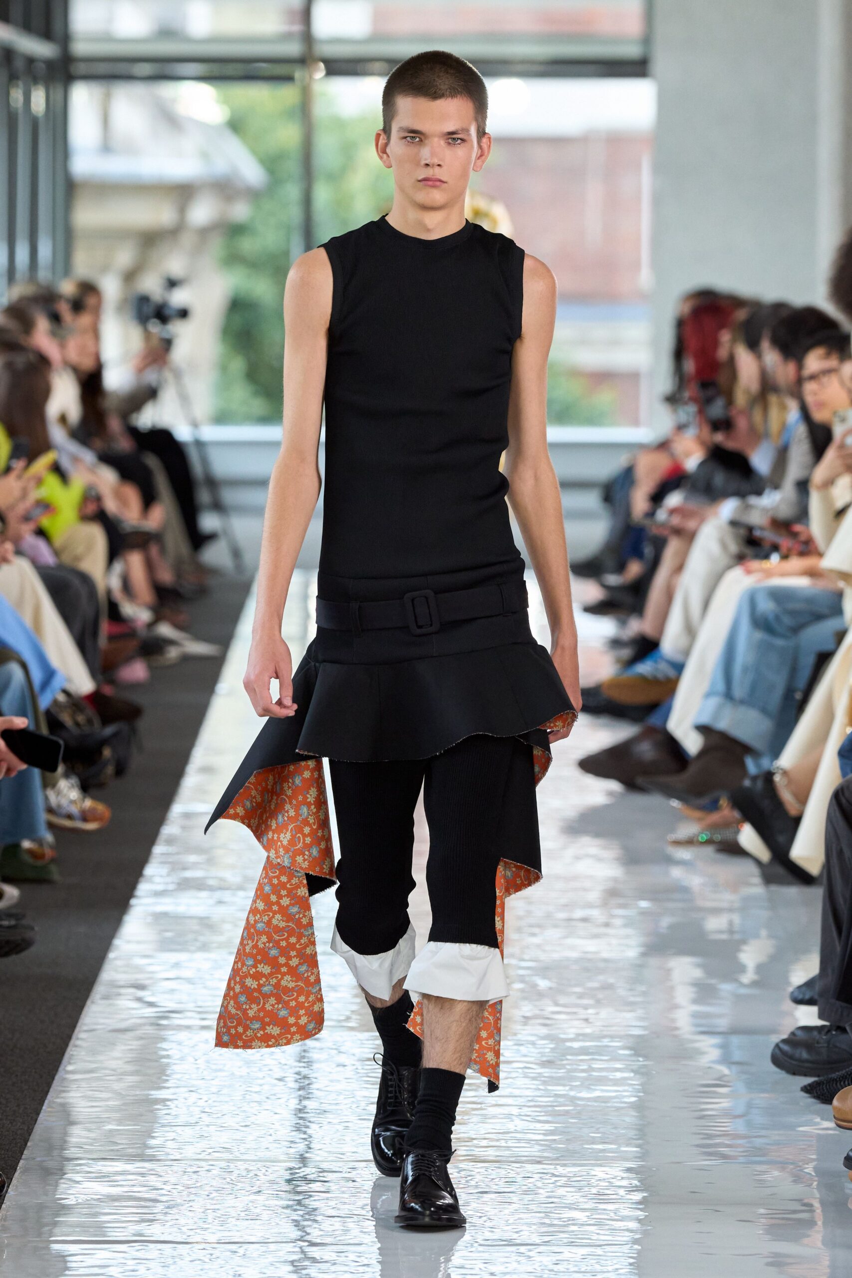 black cotton sleeveless high-neck fitted flared layered dress