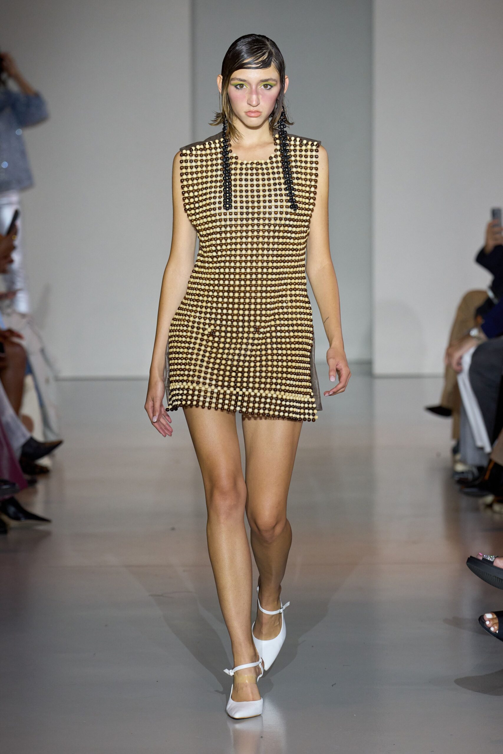 brown cotton sleeveless high-neck fitted beaded mini mini-dress