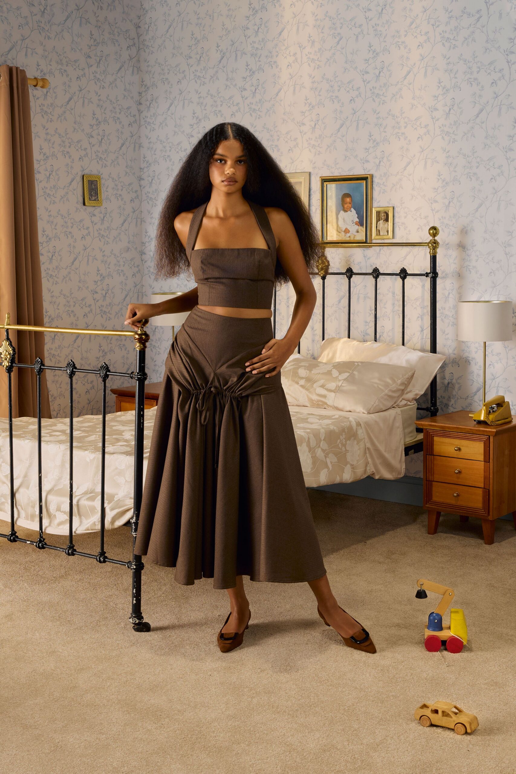 brown cotton fitted high-waisted tiered draped midi skirt