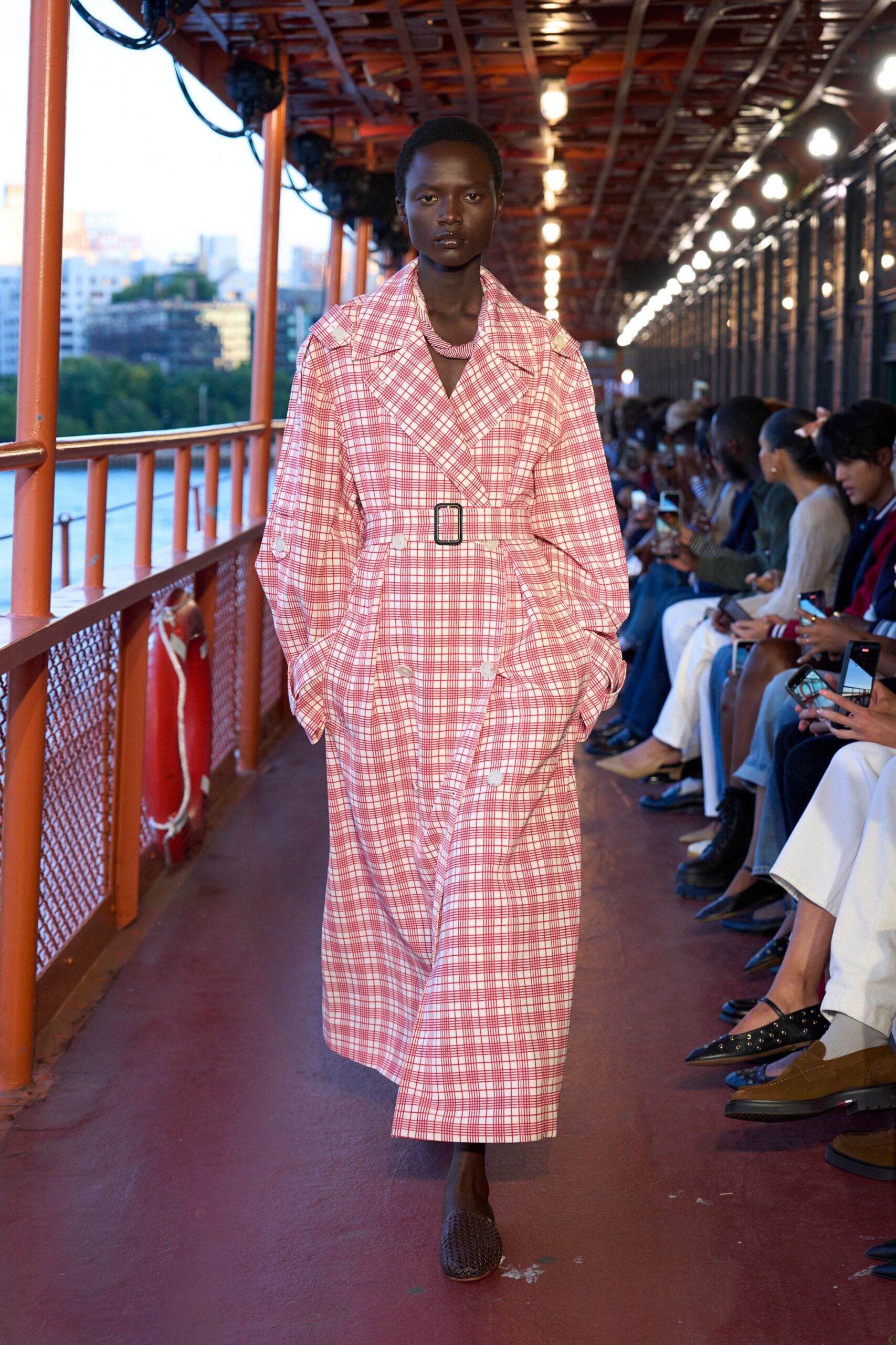 pink cotton long-sleeve collared relaxed belted checked coat