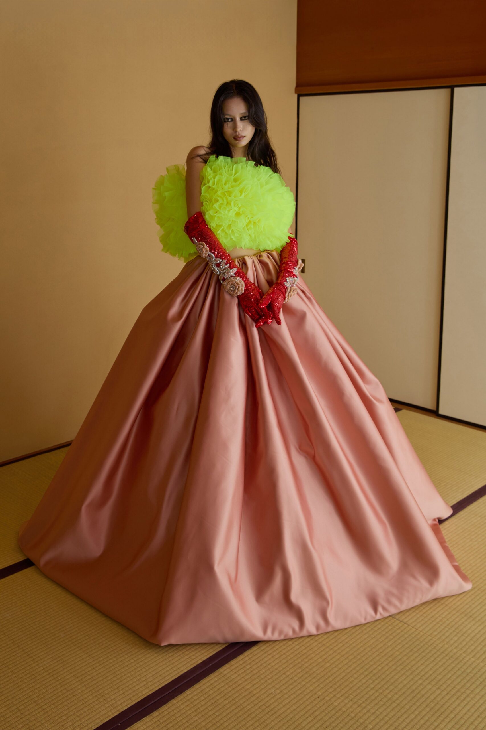 green tulle sleeveless oversized ruffled top