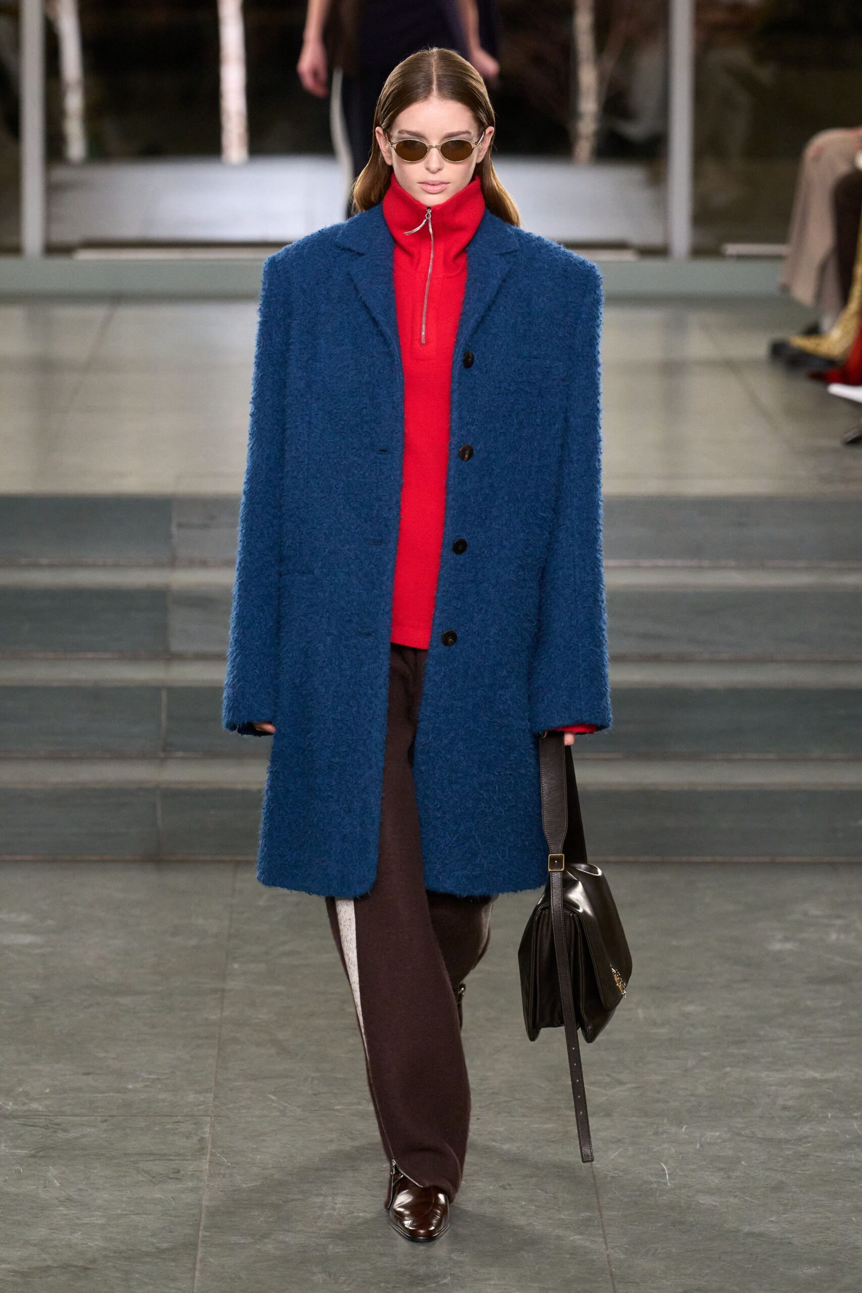blue wool long-sleeve collared relaxed buttoned coat