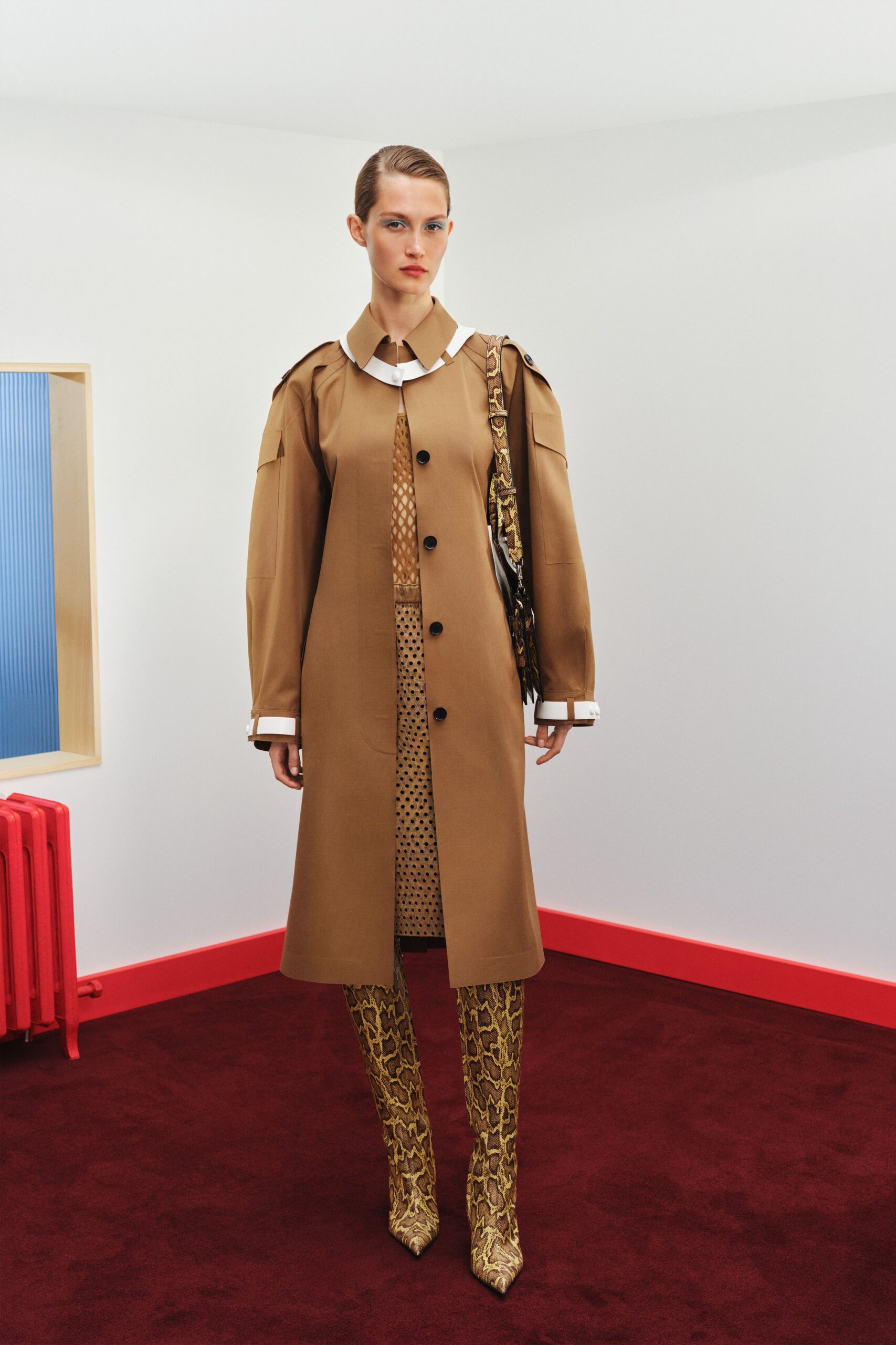 brown relaxed coat with animal-print boots